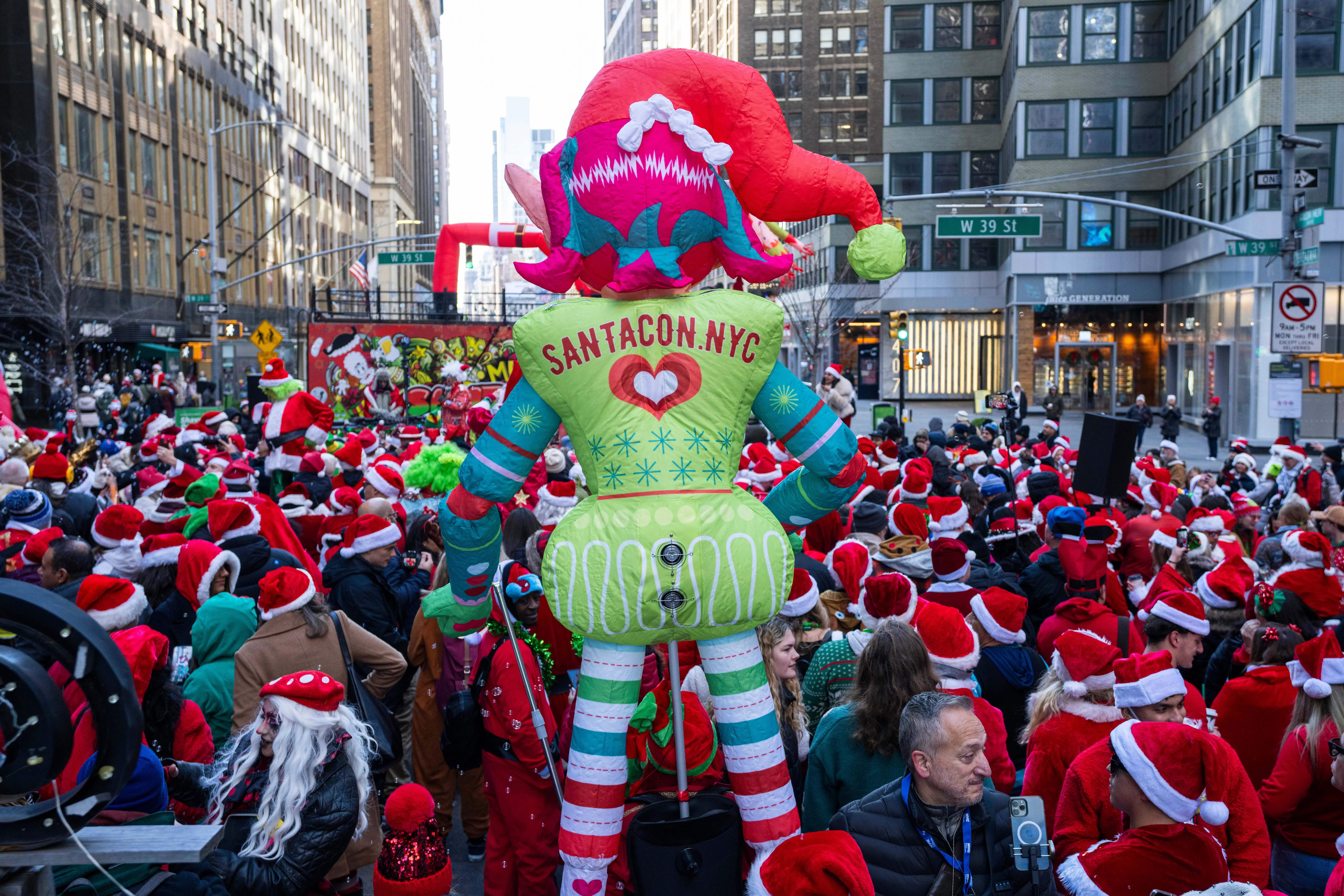 Participants in the charity event SantaCon gather in New York City.