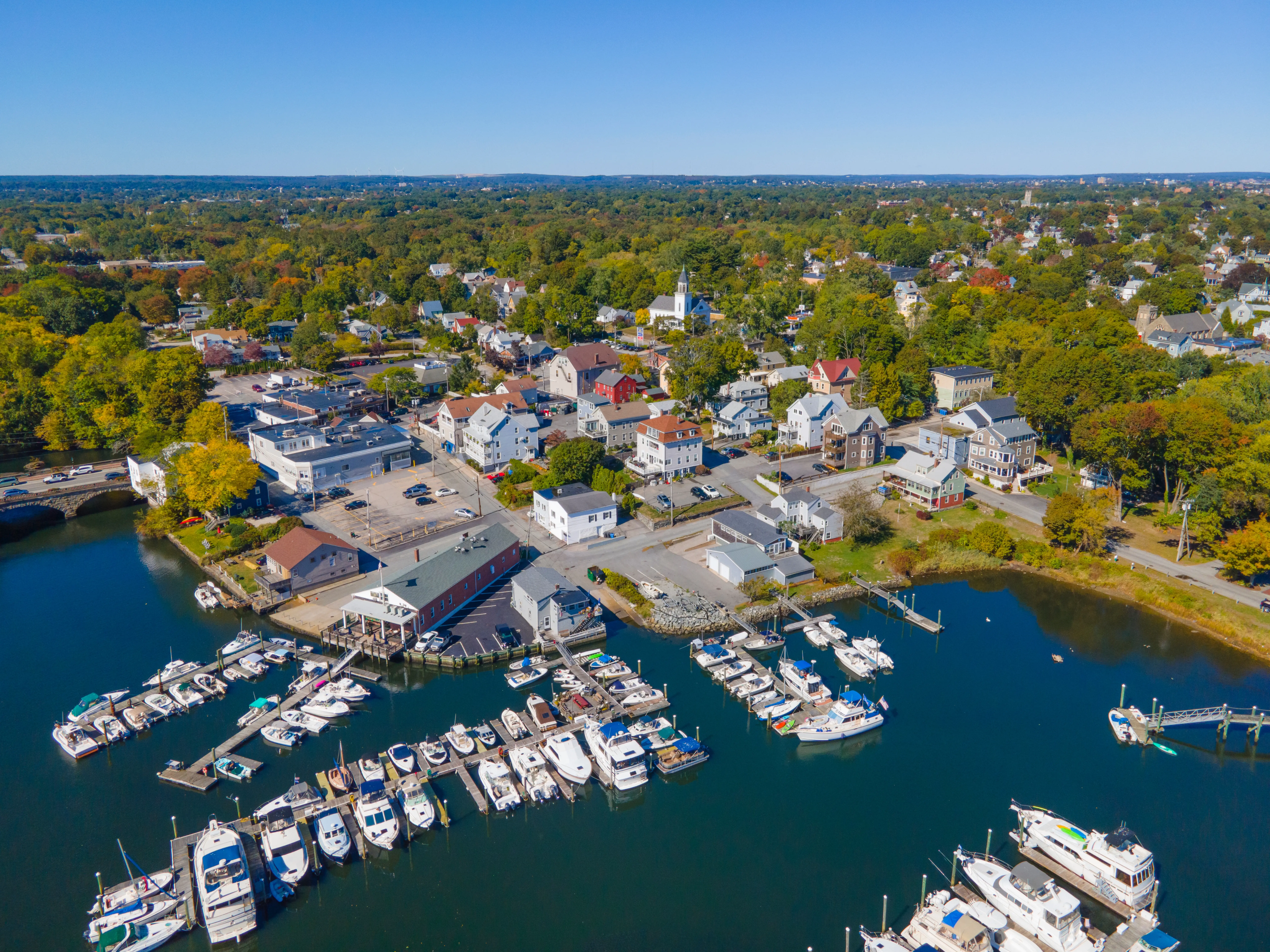 Pawtuxet Cove Marina aerial view in the village in fall between city of Cranston and Warwick, Rhode Island RI, USA. Here is Pawtuxet River mouth to Providence River.