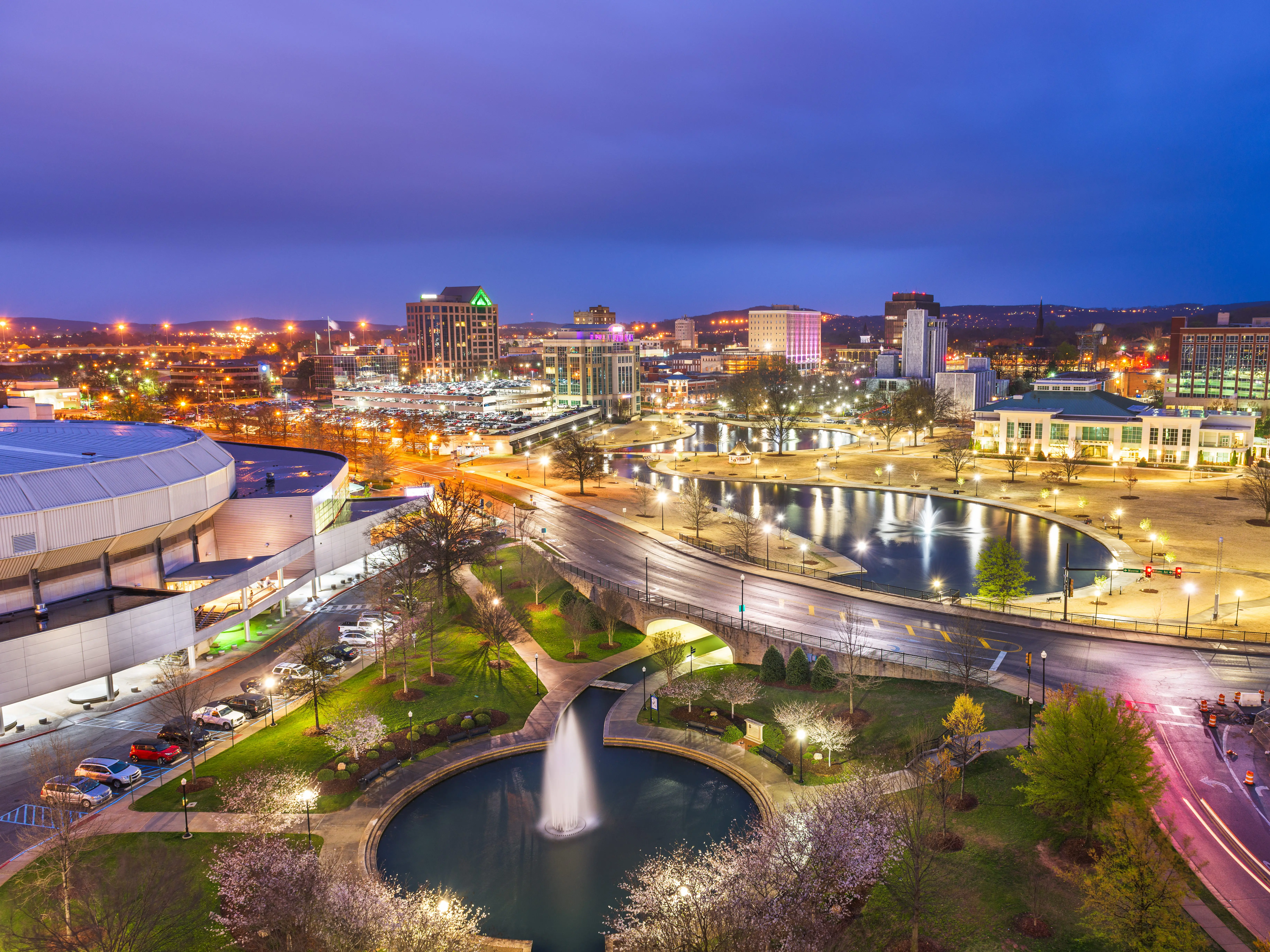 Huntsville, Alabama skyline at nighttime.