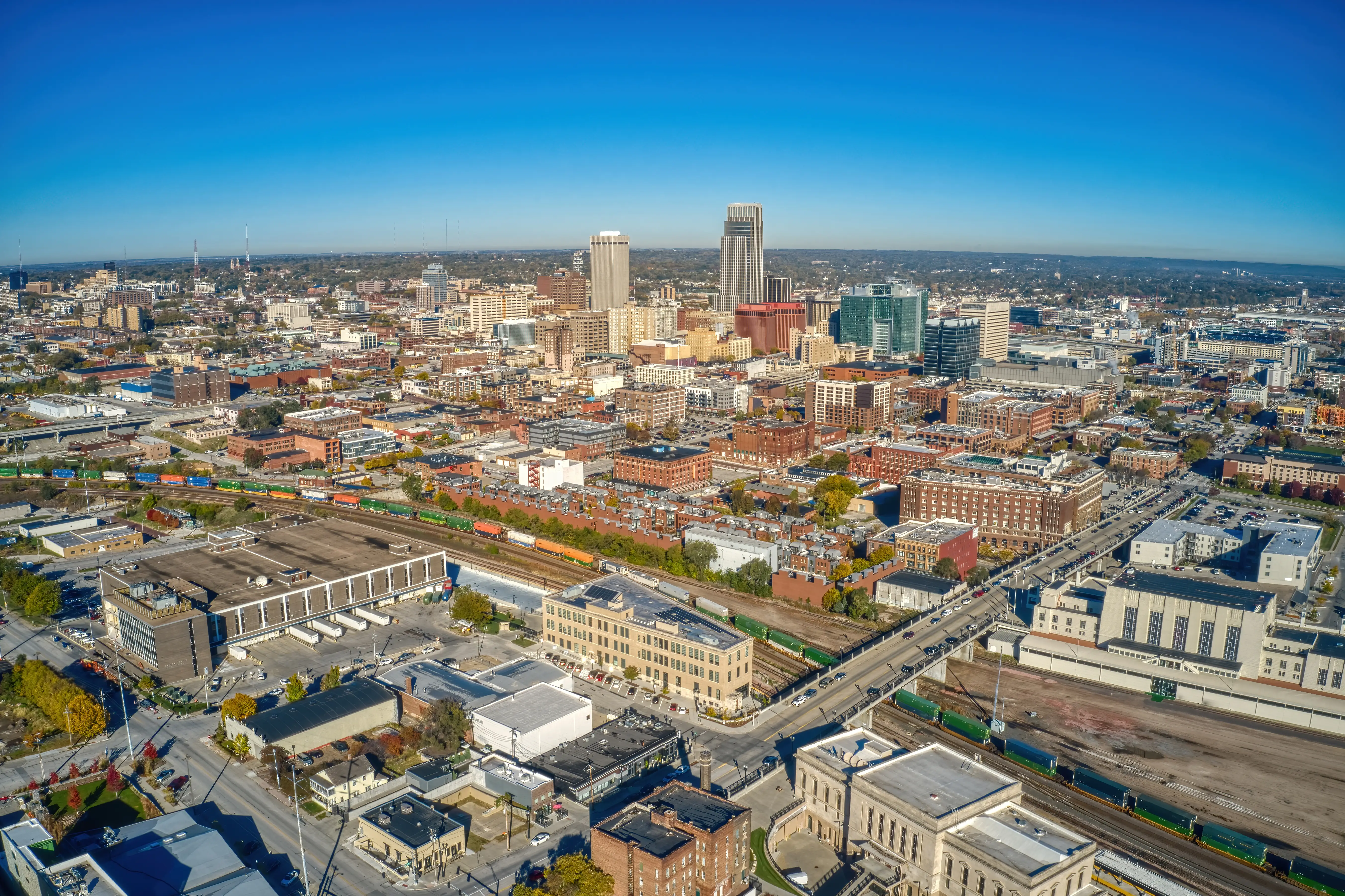Aerial View of Downtown Omaha, Nebraska in Autumn