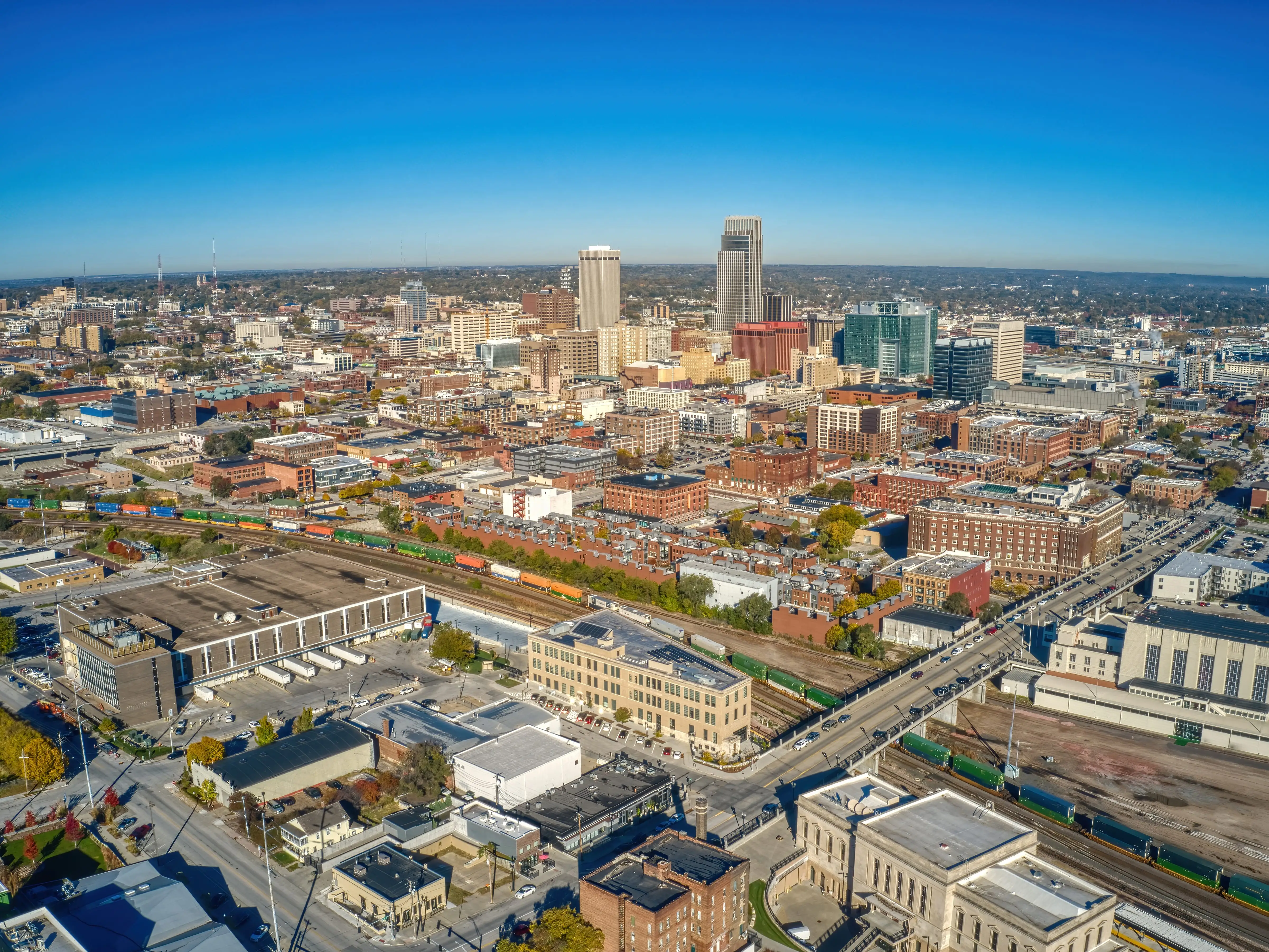 Aerial View of Downtown Omaha, Nebraska in Autumn