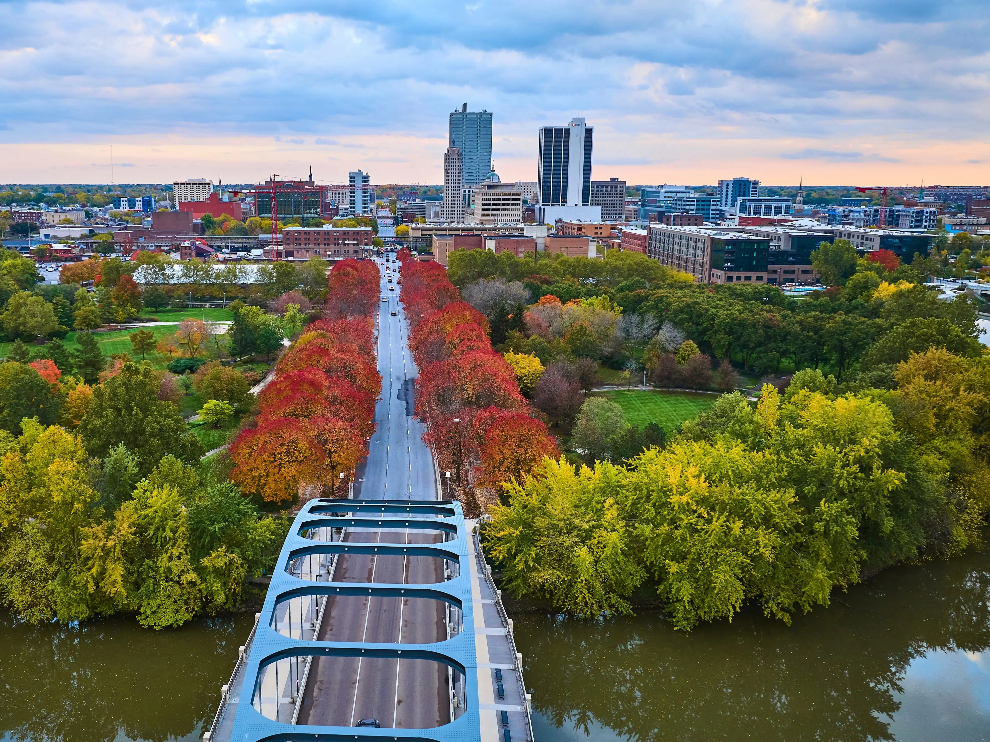 Aerial Autumn Boulevard and Skyline in Fort Wayne
