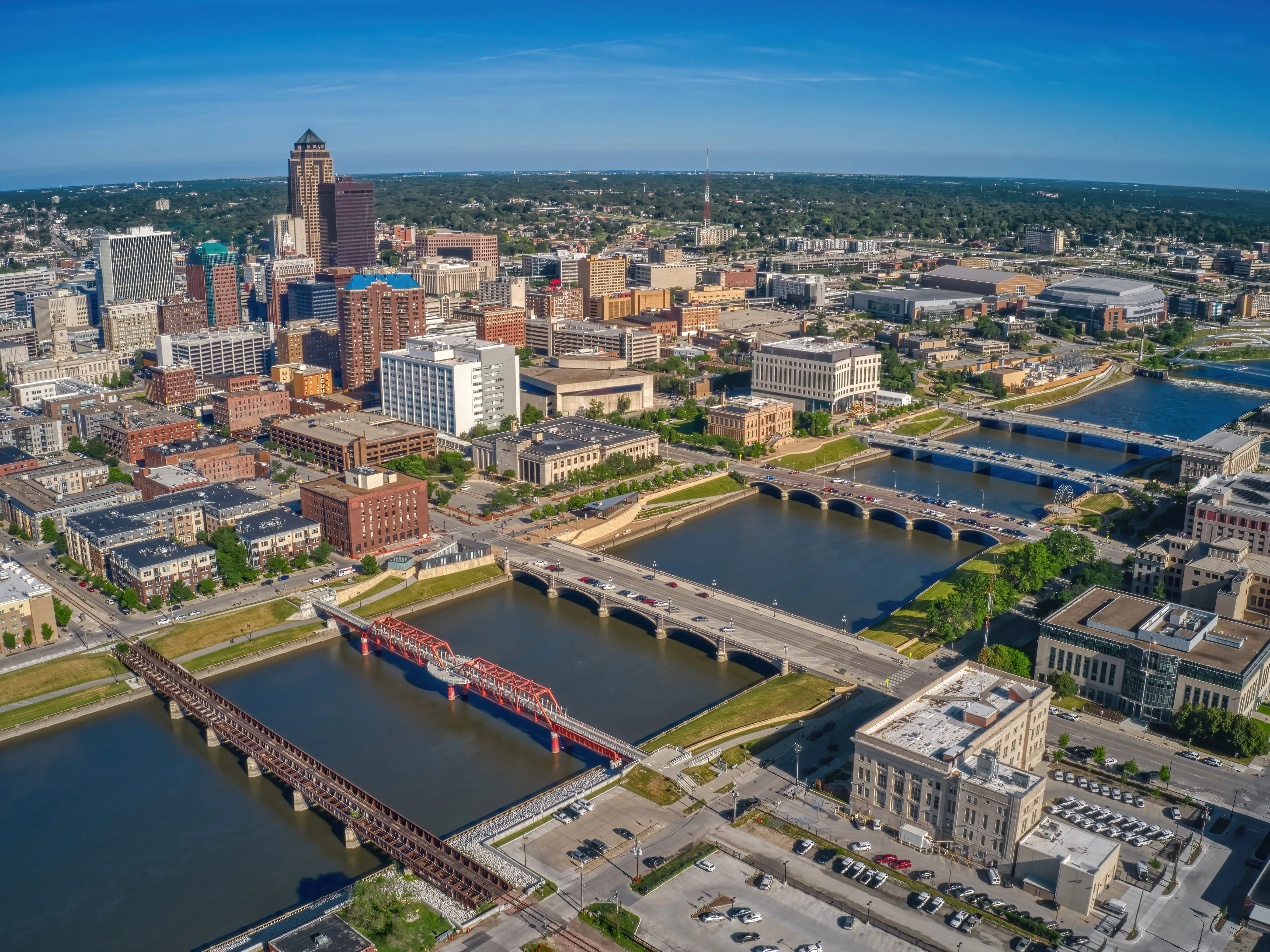 Aerial View of the Skyline of Des Moines, Iowa facing East