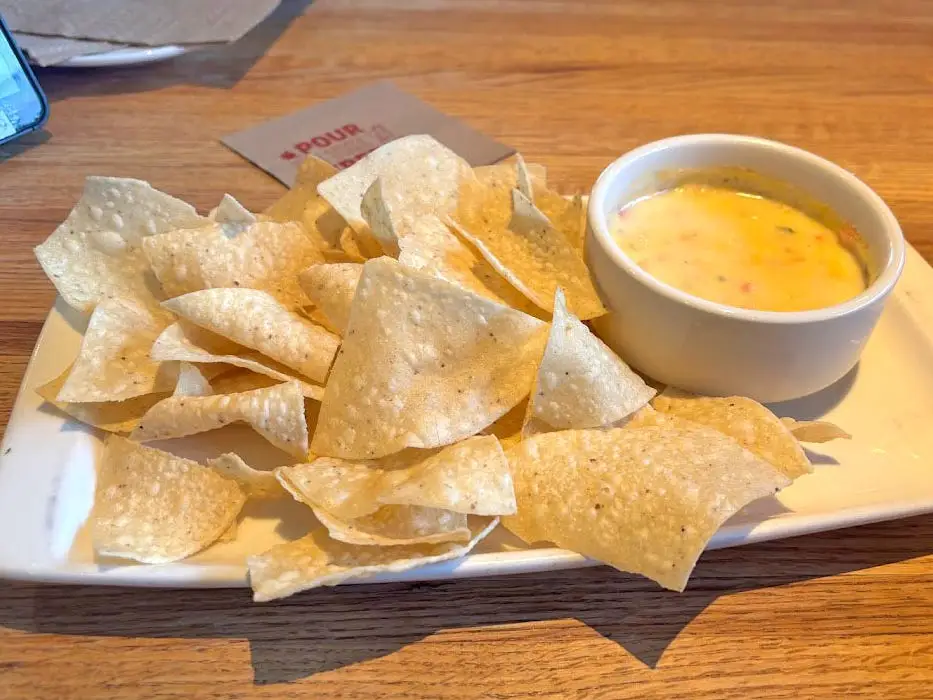 A plate of chips and queso.