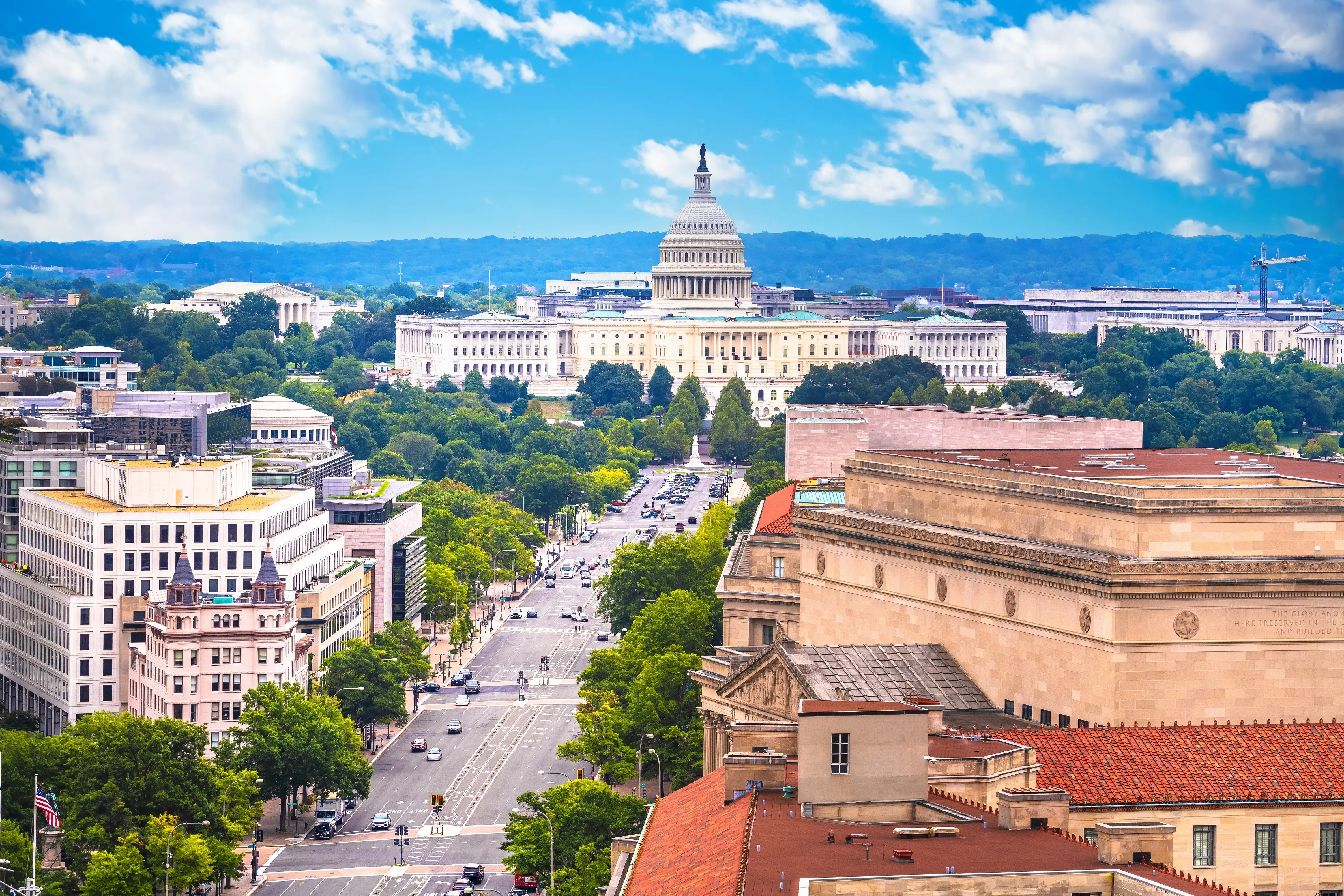 Washington DC. Aerial panoramic view of Pennsylvania Avenue landmarks and United states Congress view, USA