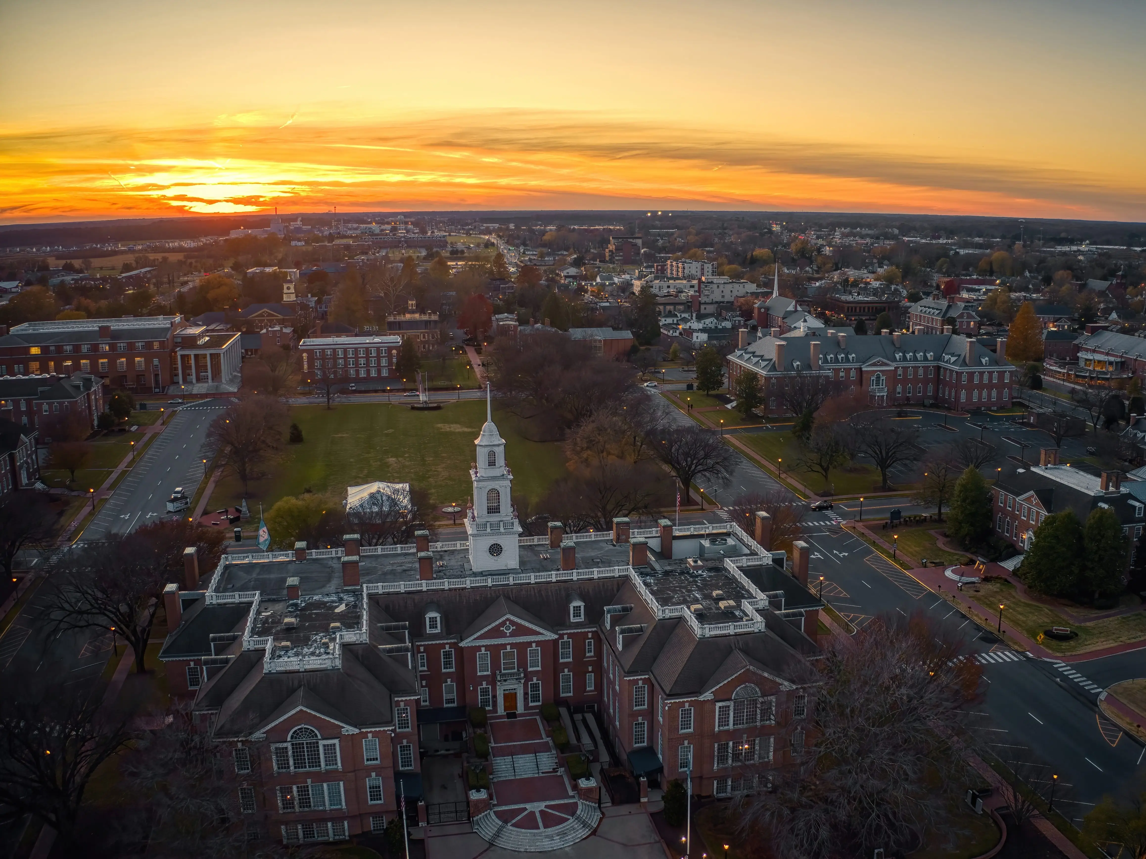 Historic buildings at sunset.