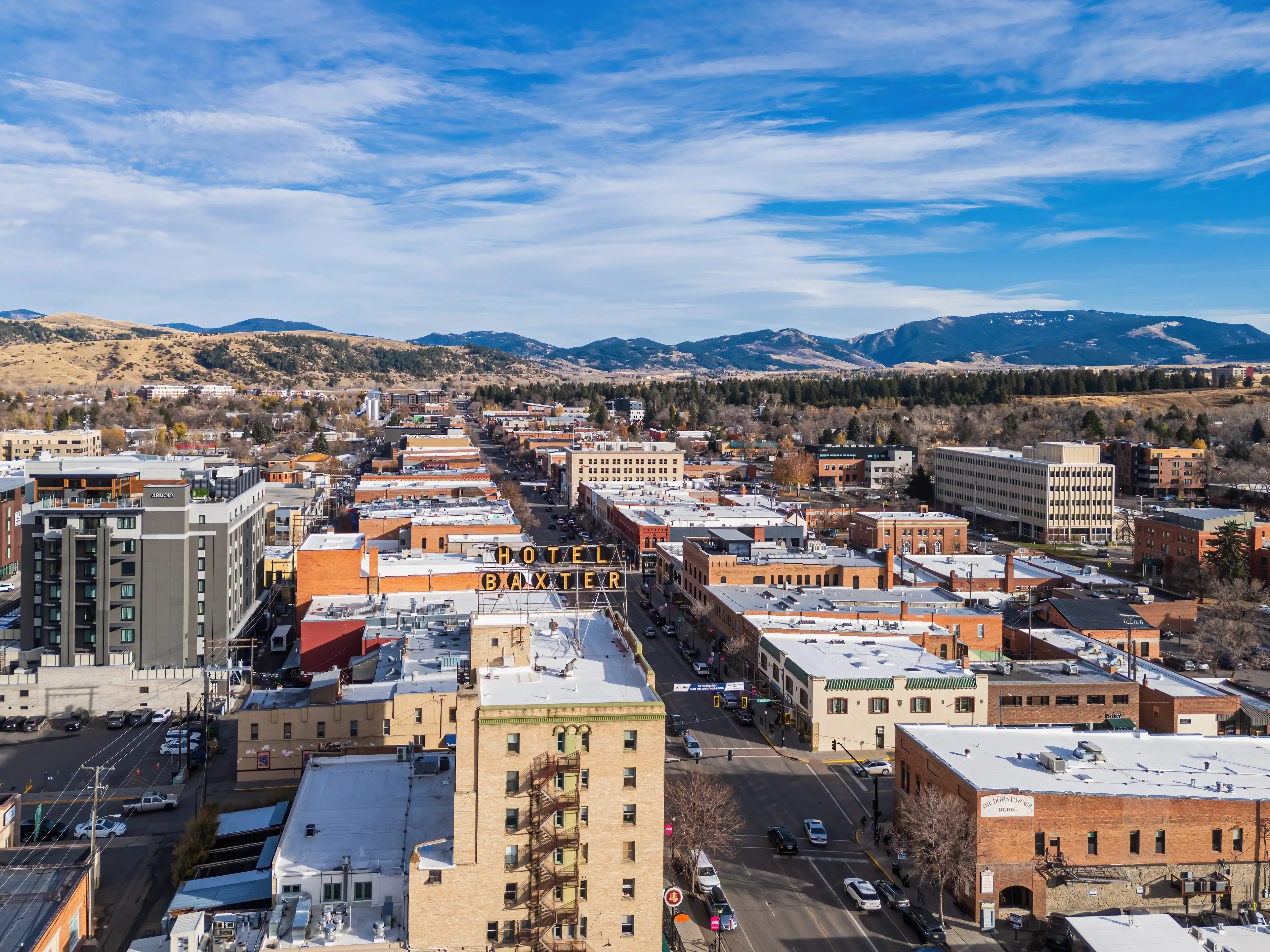Aerial view of buildings in Bozeman, Montana.