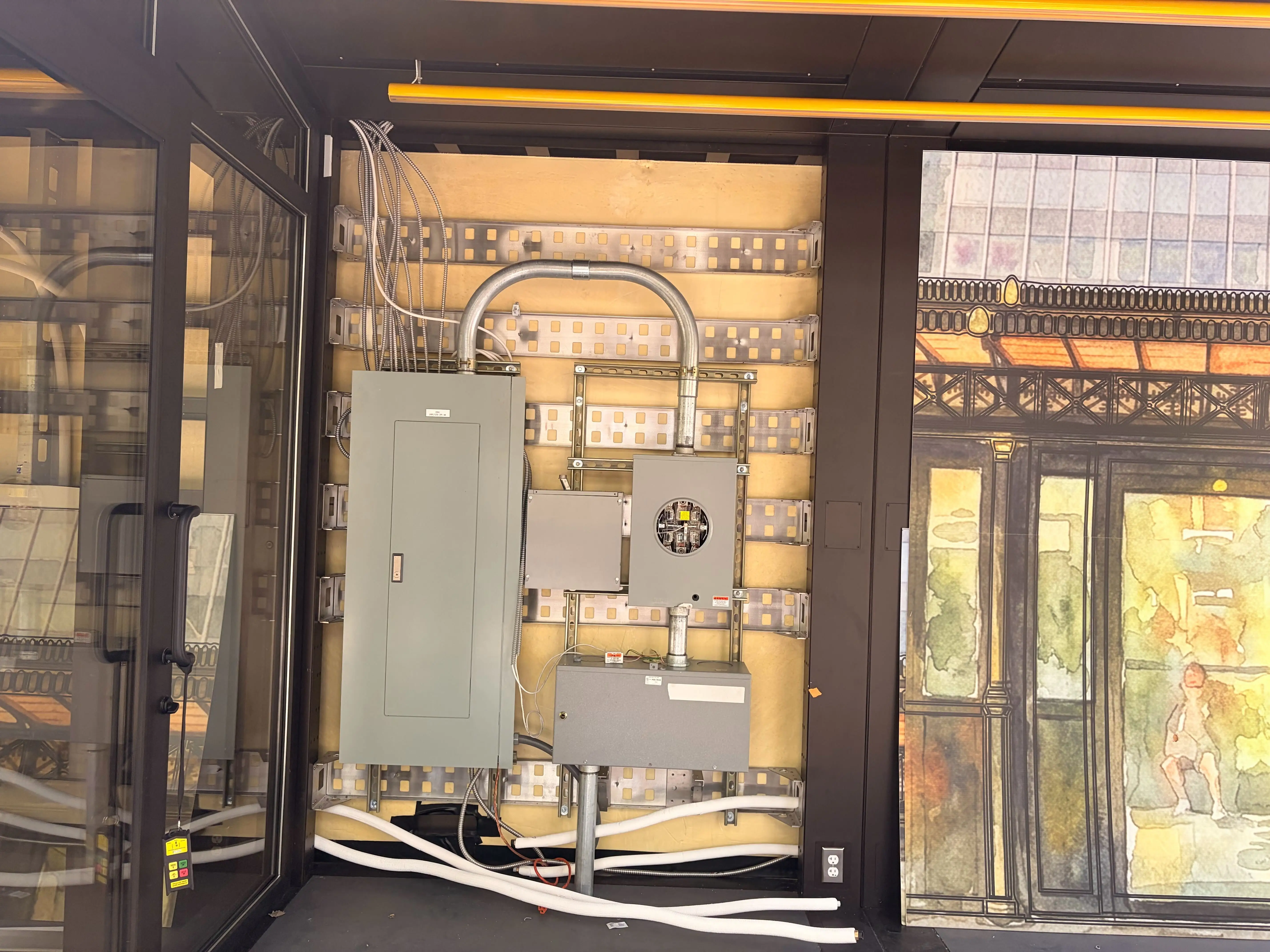 An electrical panel inside the Deliverista Hub. There are thick white electrical wires that aren't connected to the