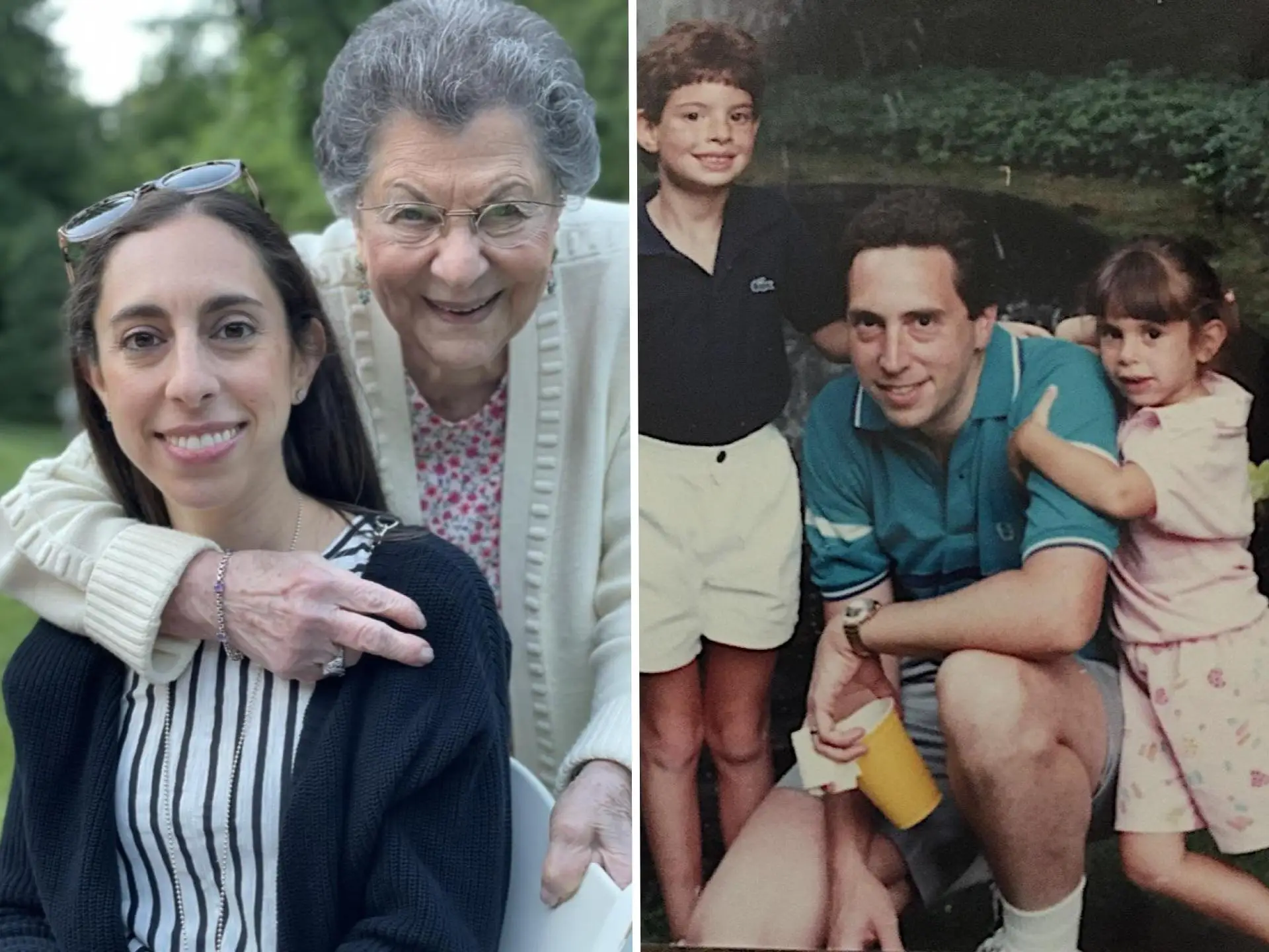 Photo composite, on the left is the author and her grandmother in 2022 and on the right is the author with her dad and brother in front of a pond at the reunion in the late 1980s.