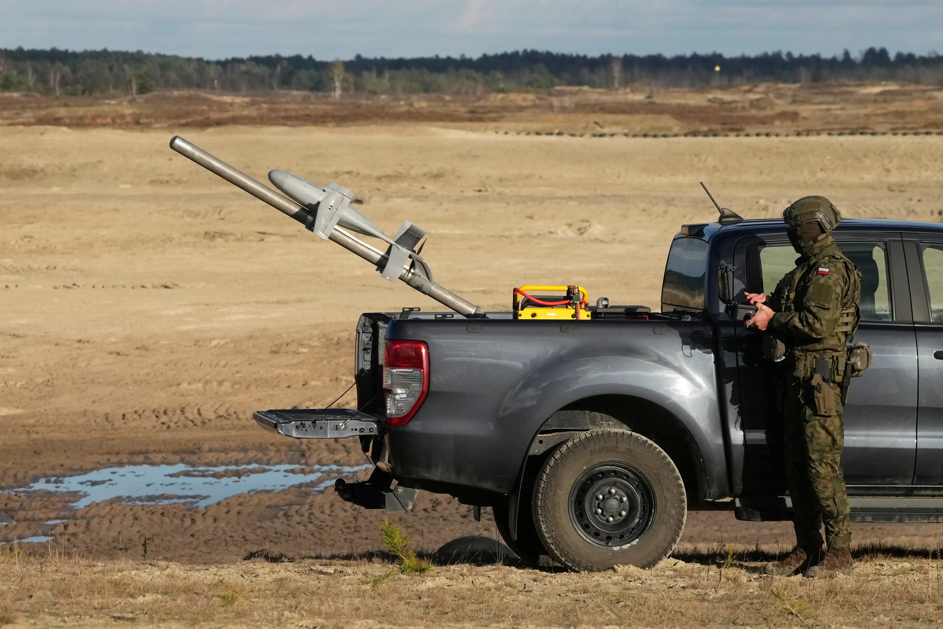 The American Merops drone system, deployed by Poland and Romania to defend Russian drones, is tested in Nowa Deba, Poland, Tuesday, Nov. 18, 2025.