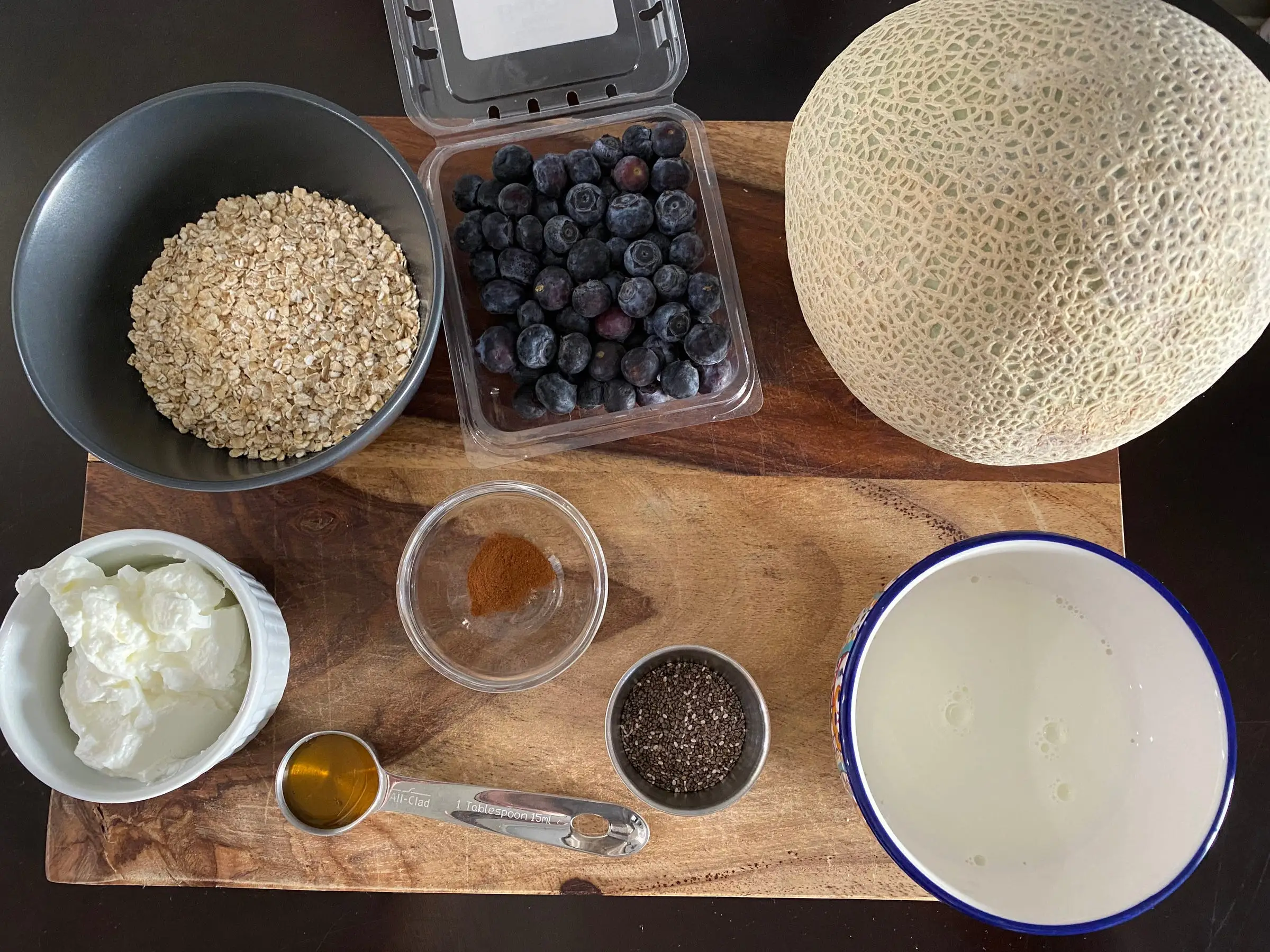 fruit, oats on cutting board