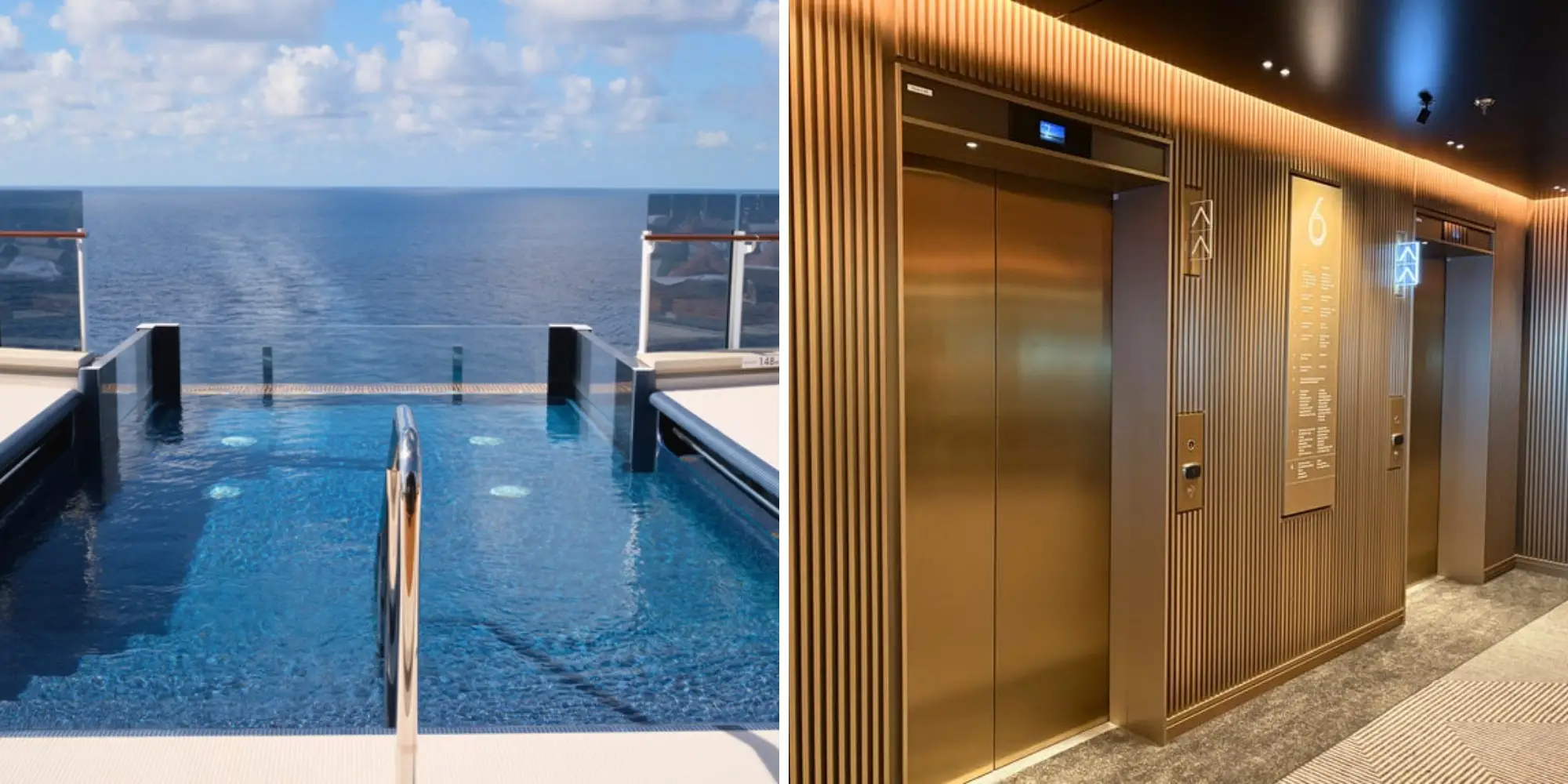 Side by side of images of pool with glass edge on cruise ship next to image of gold elevator bank