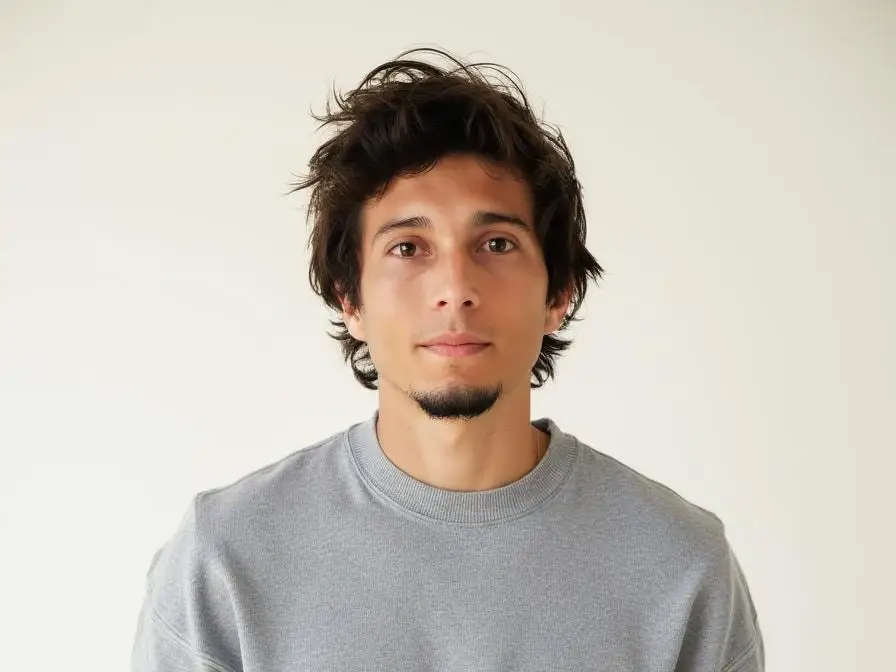 A young man with tousled dark hair and a small goatee faces forward wearing a gray sweatshirt against a plain background.