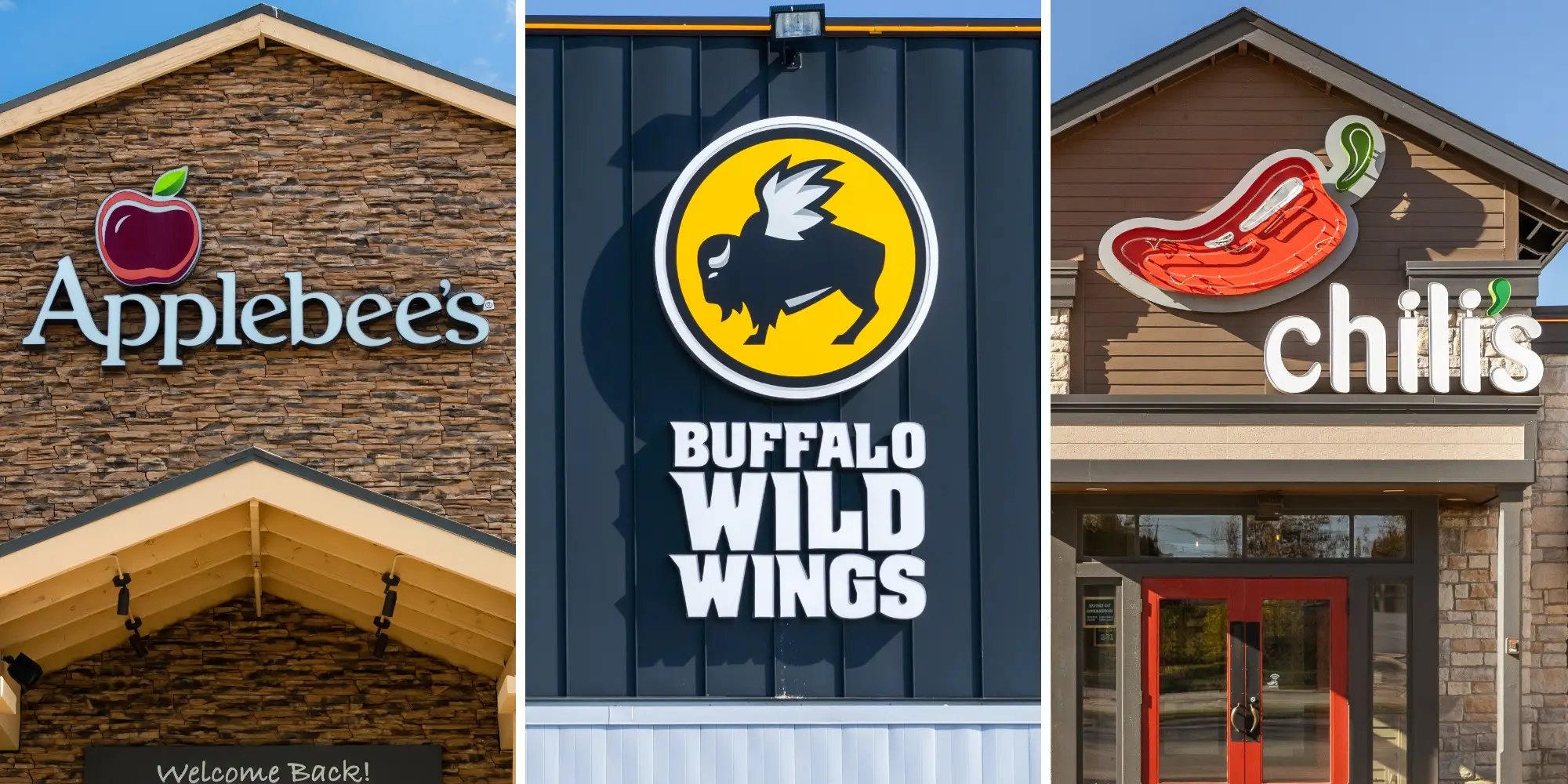A composite image of the exteriors of Applebee's, Buffalo Wild Wings, and Chili's restaurants.