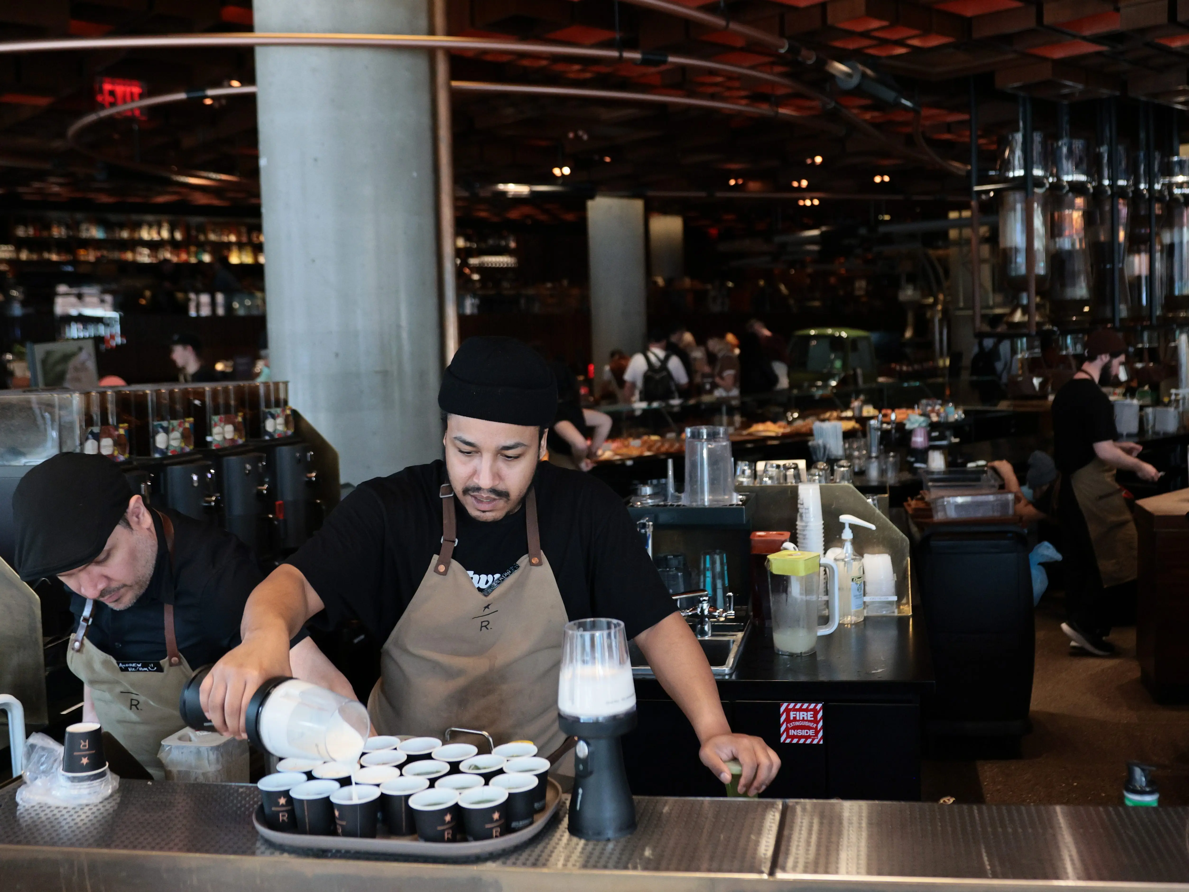 Starbucks Reserve Roastery New York employees prepare samples on March 31, 2026 in New York City.