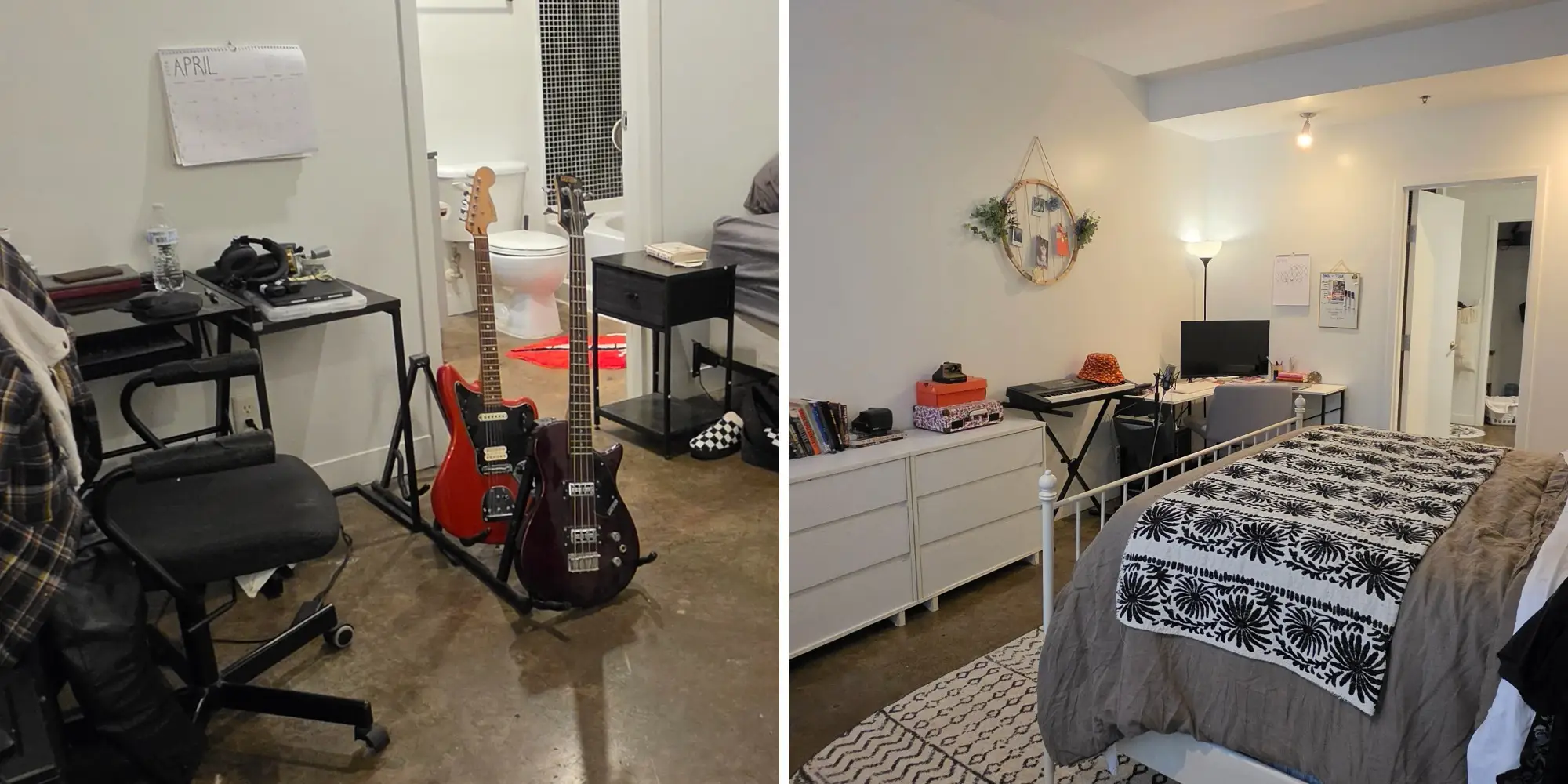 A side-by-side photo of two rooms. The room to the left has a guitar and a desk, while the room on the right features a bed, a desk, and a piano.