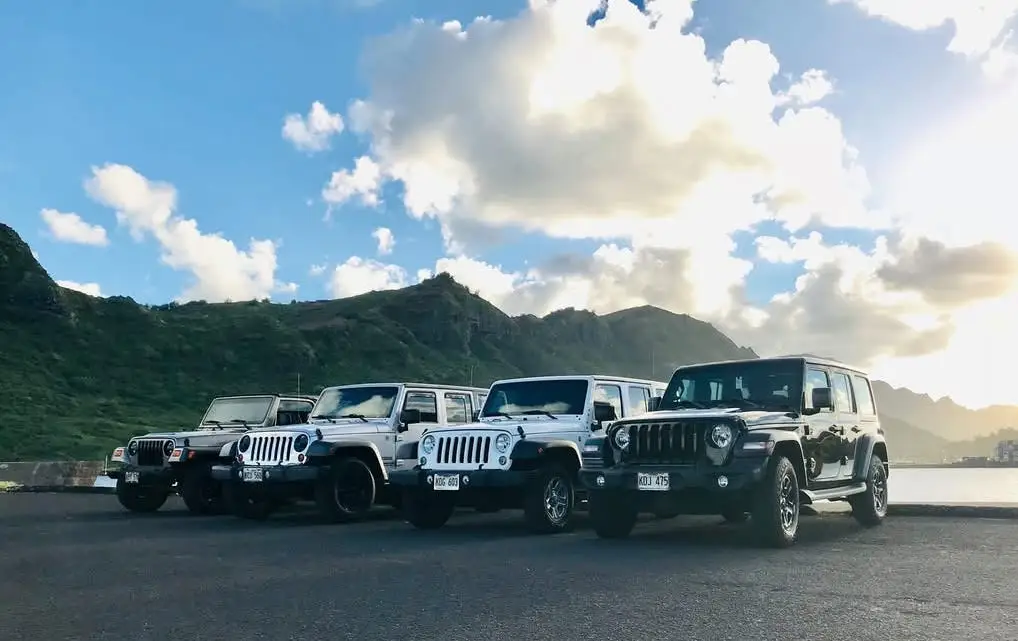 Four Jeep Wranglers lined up with green hills and water in the background.