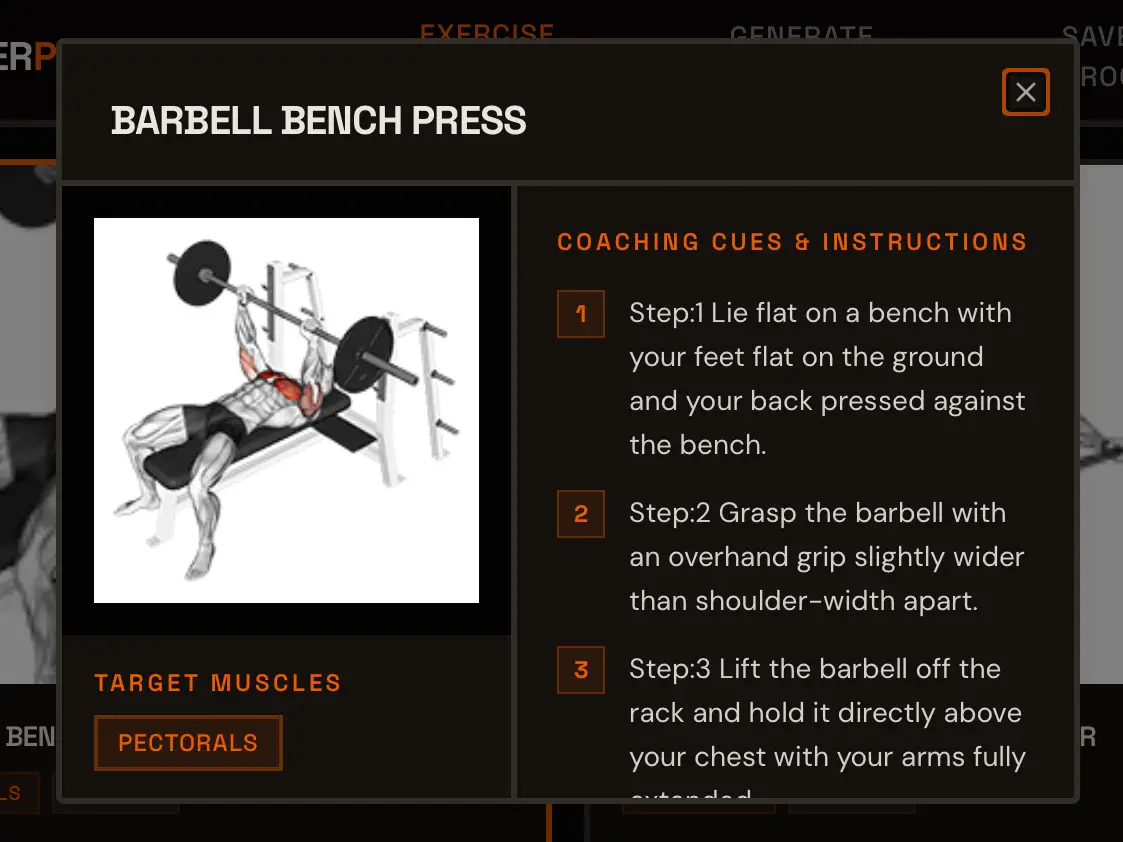 The app shows the exercise with its cues and gif.