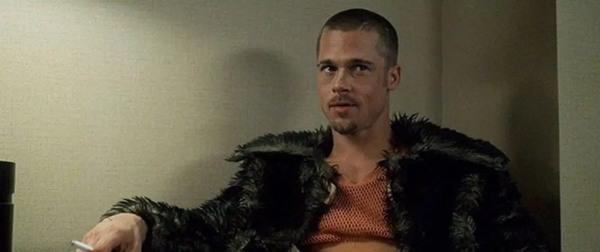 Brad Pitt shaved head cigarette in hand in Fight Club