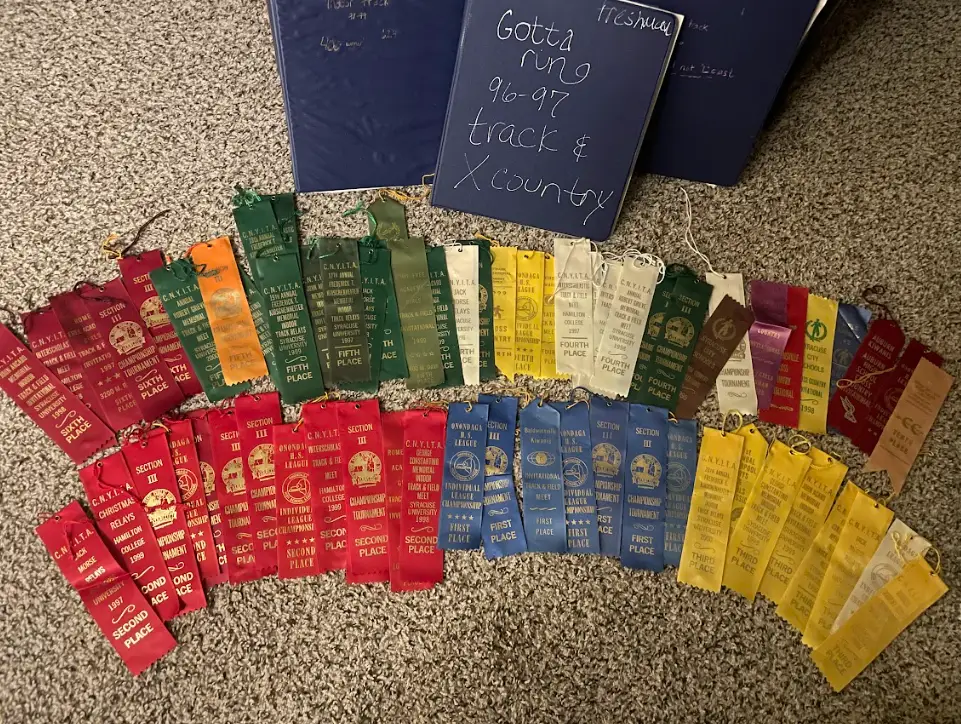 Isabella Jade's many running ribbons laid out on the floor