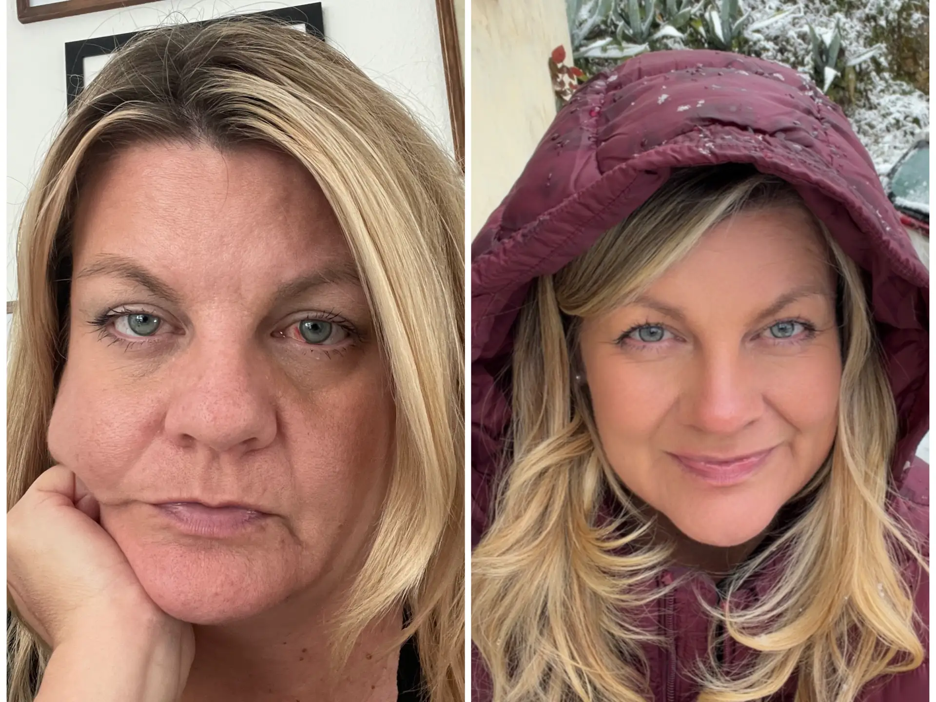 A side-by-side image of a woman with blond hair.