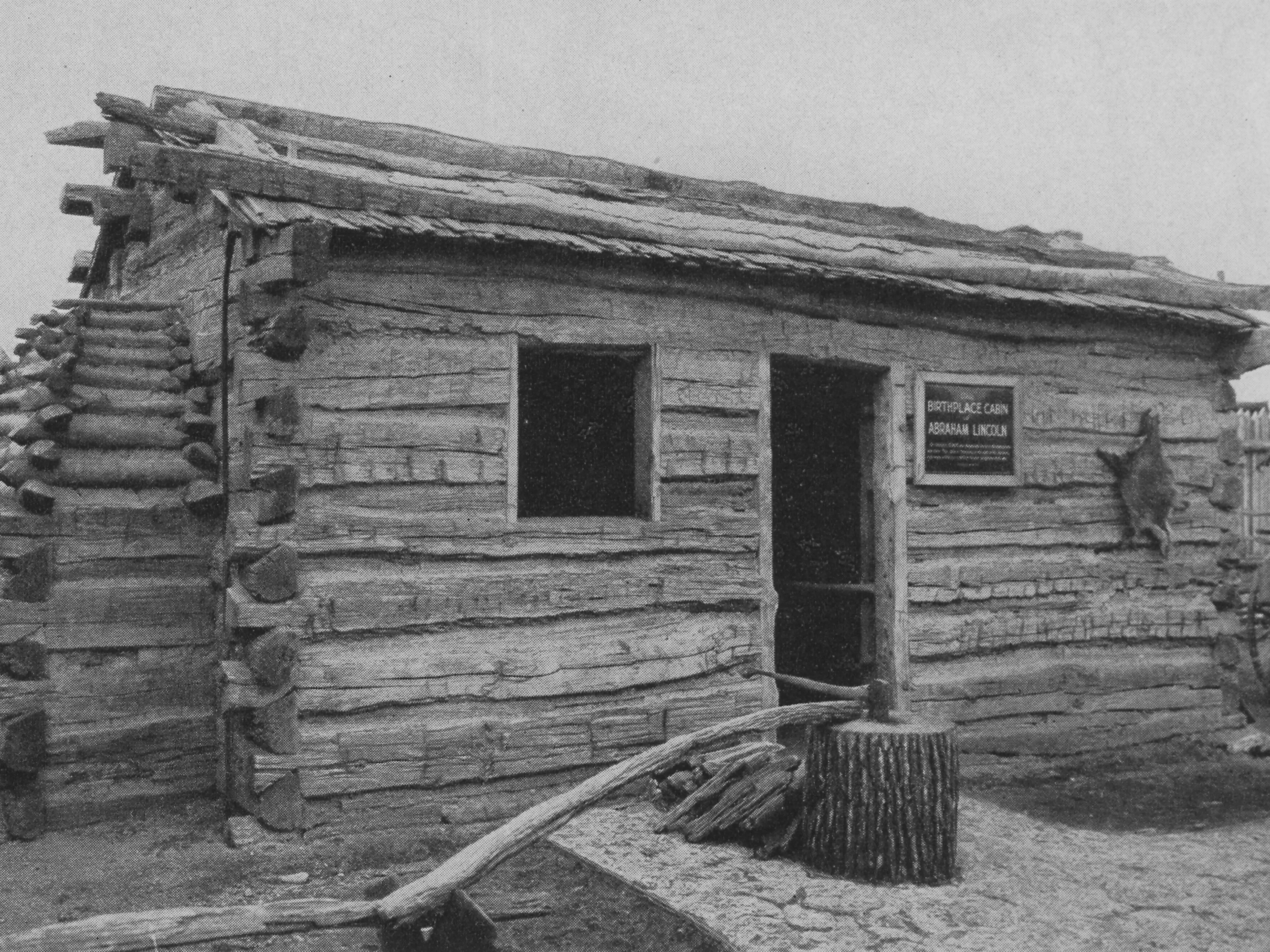 A recreation of President Lincoln's log cabin on display in 1933 at the Century of Progress International Exposition in Chicago.