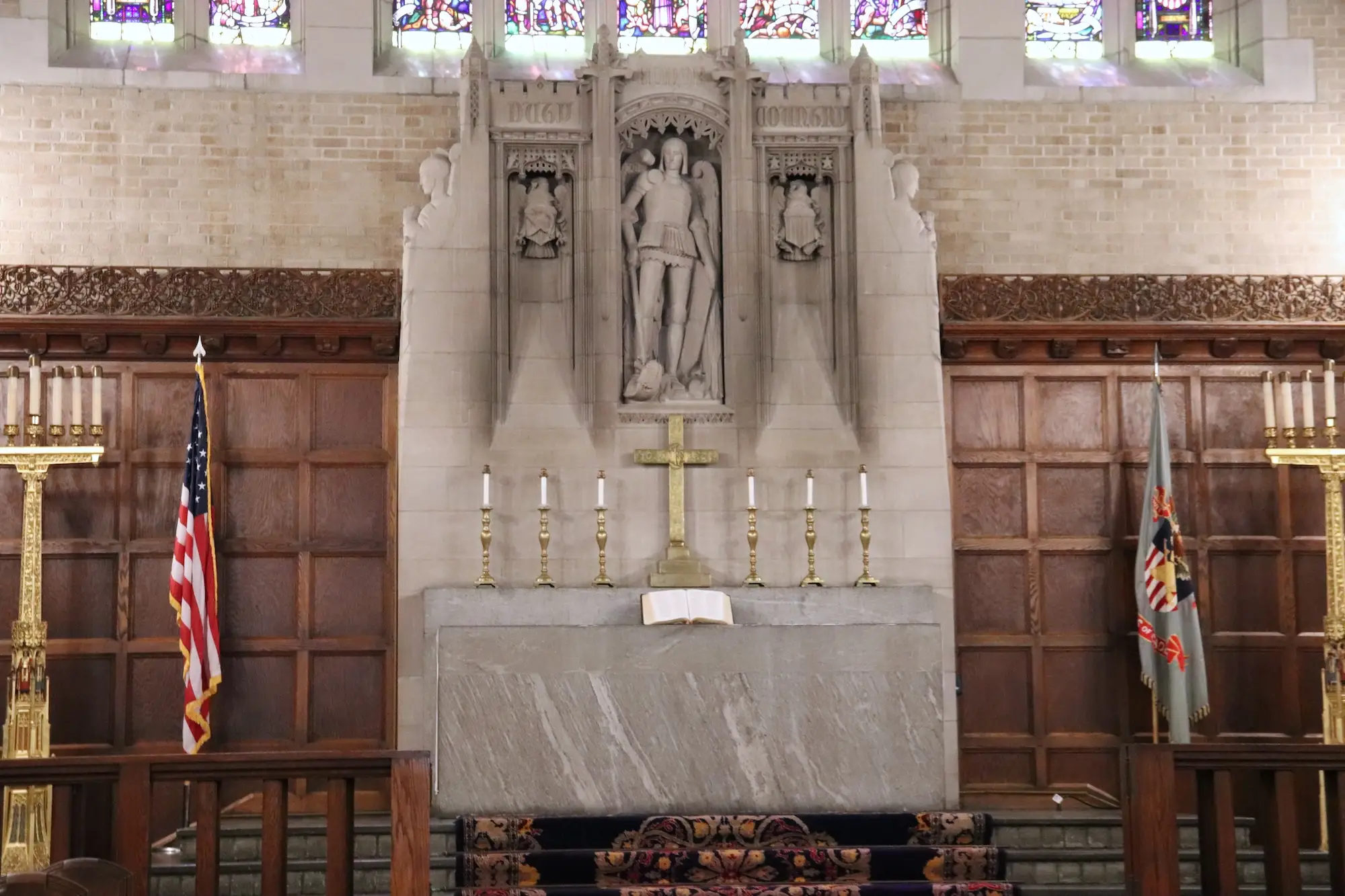 A carving of St. Michael, the patron saint of warriors, inside the Cadet Chapel.