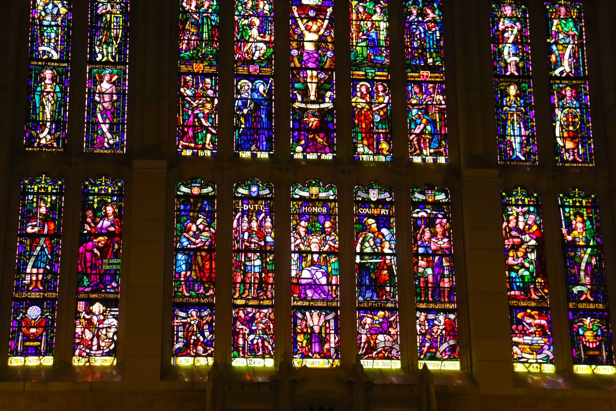 Stained-glass windows in the Cadet Chapel.