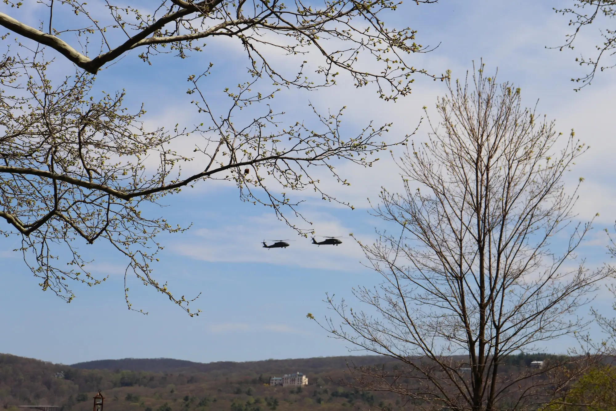 Helicopters flew over West Point.