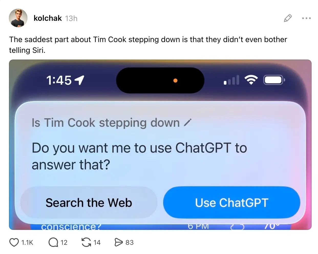 A screenshot of Siri not understanding news that Tim Cook has stepped down. Someone has captioned it 