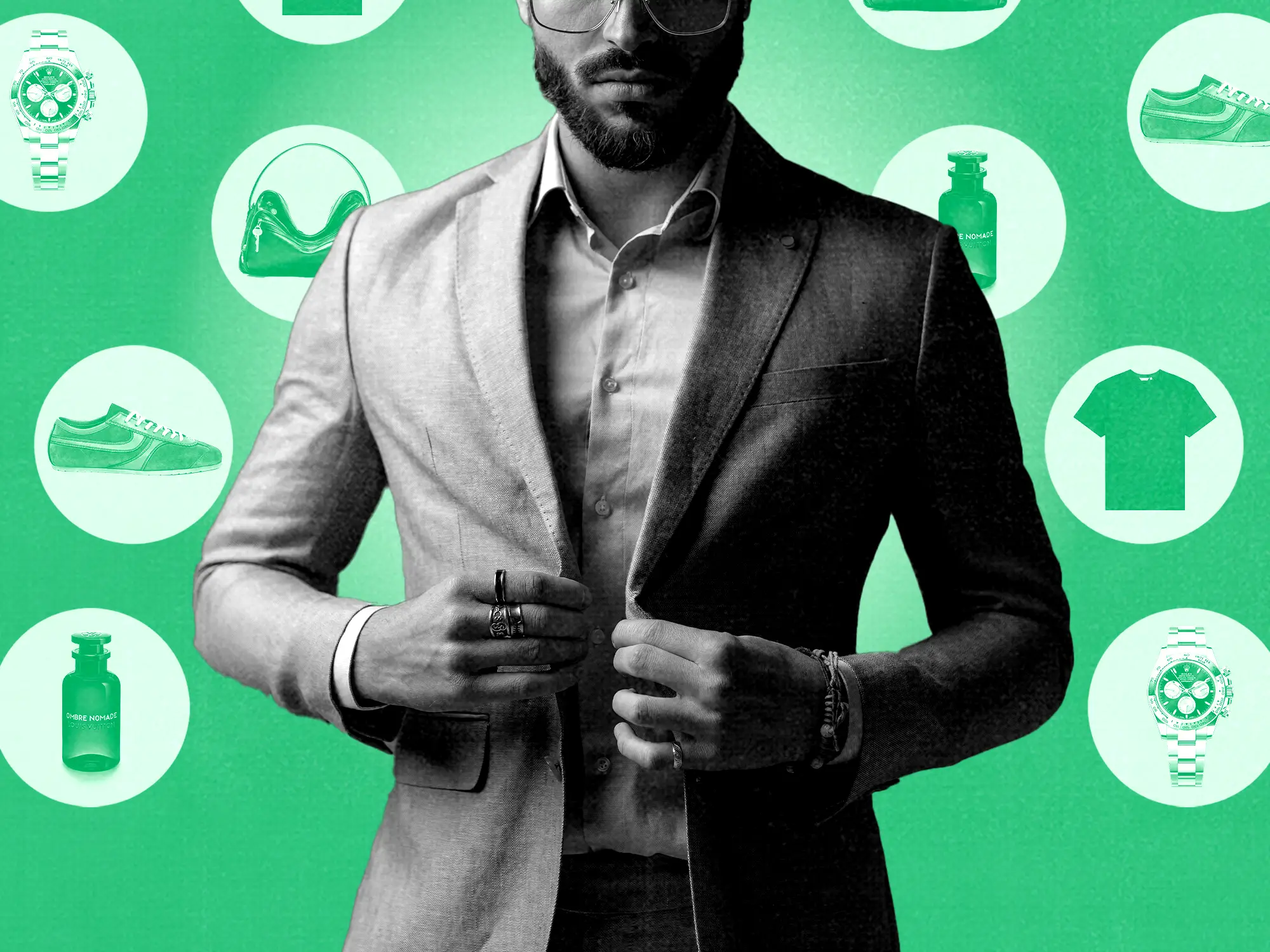 Image of a man in a suit surrounded by various luxury men's products