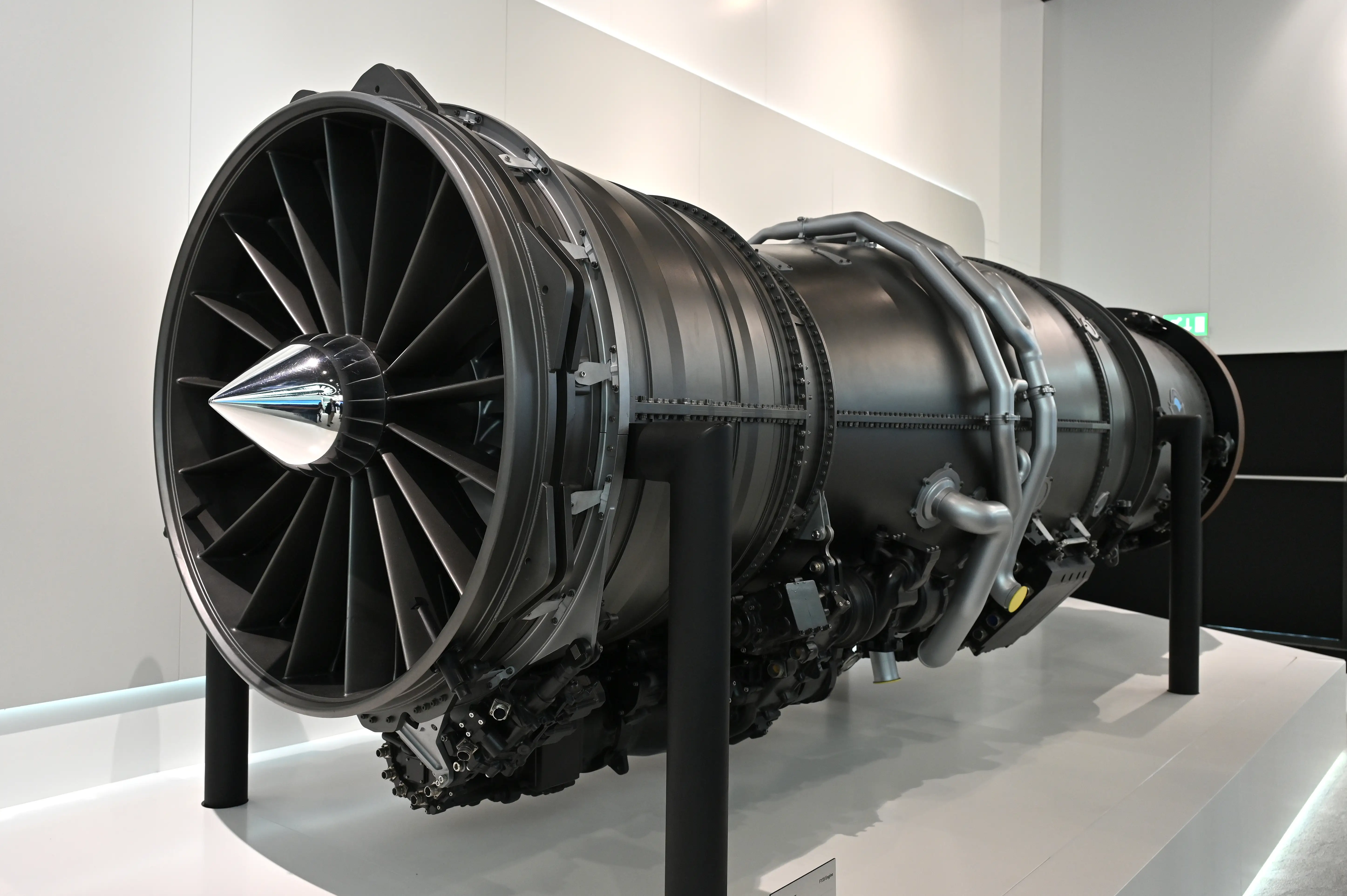 A Pratt and Whitney F135 jet engine on display.