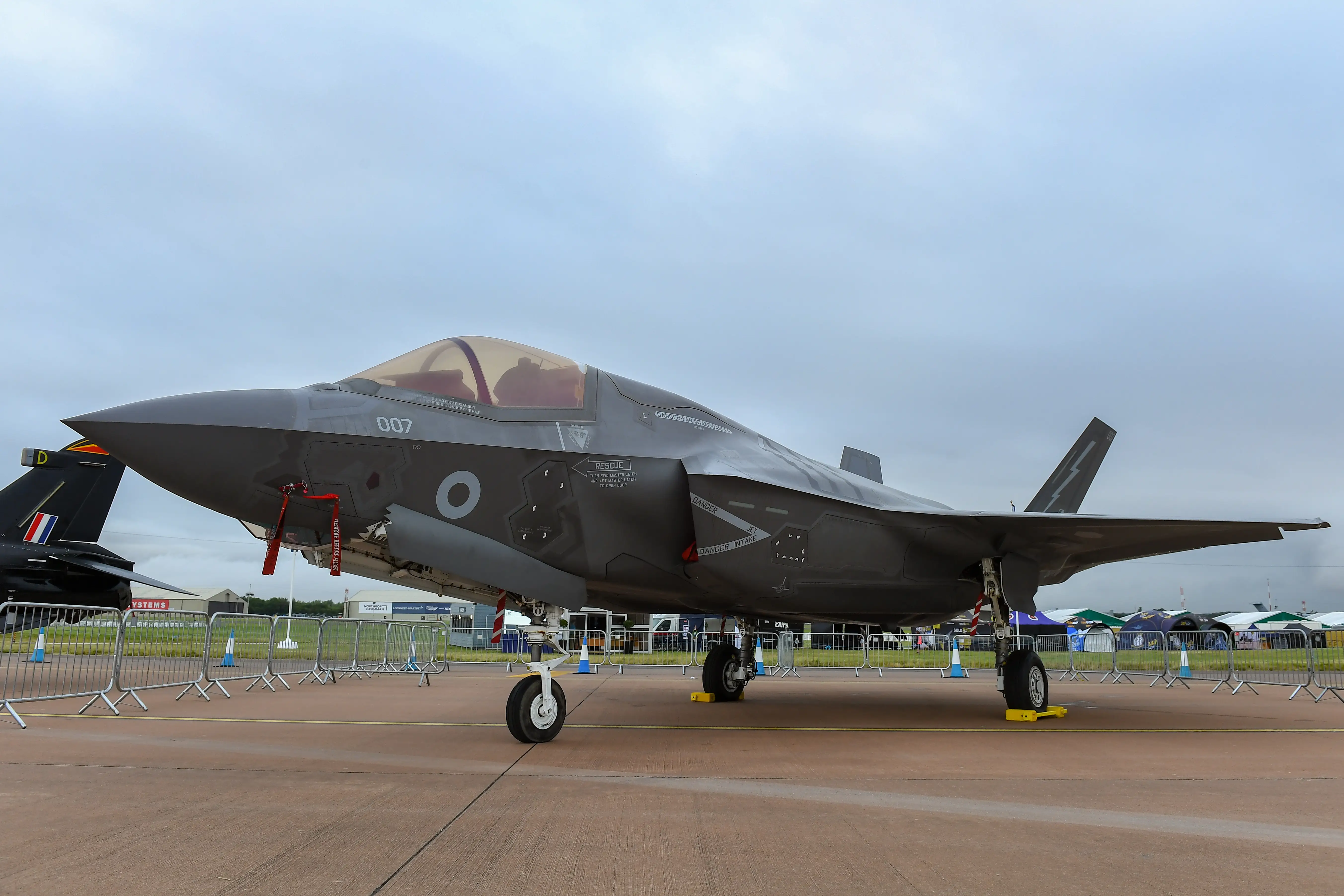 A Royal Air Force Lockheed Martin F-35B Lightning II participating in the Royal International Air Tattoo at RAF Fairford in Gloucestershire, England in 2024.