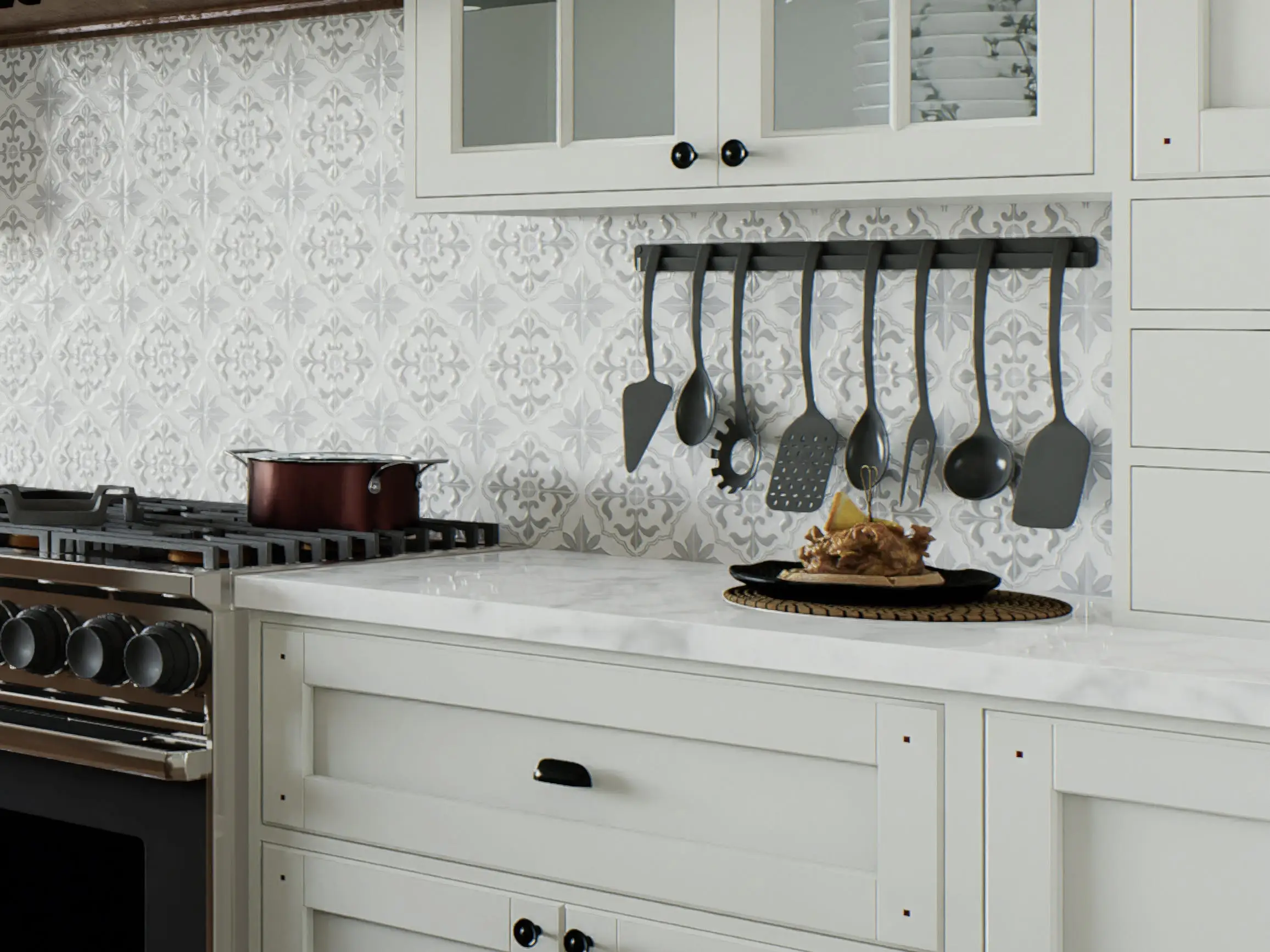 A kitchen counter with utensils hanging on the wall for decoration.