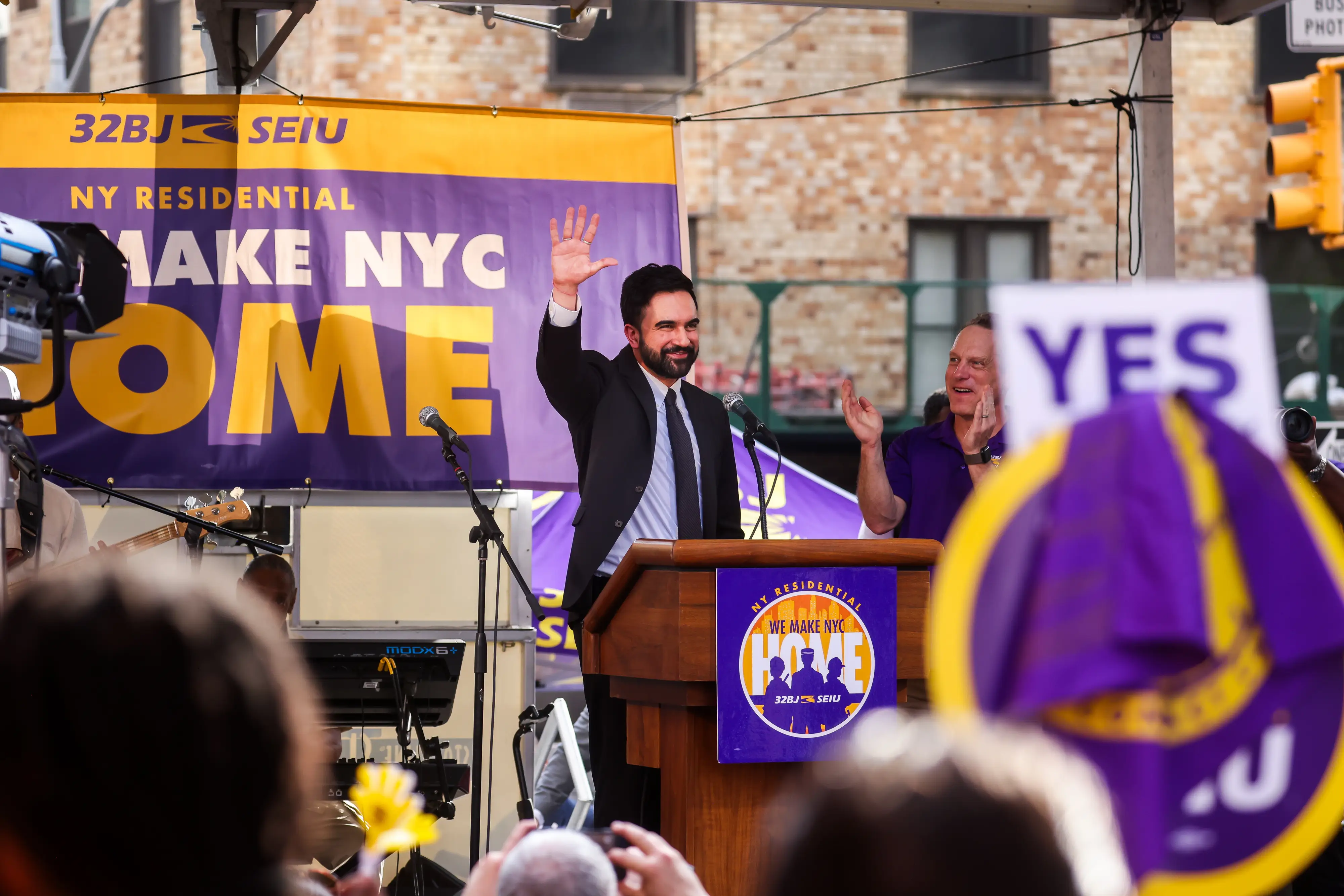 new york city mayor zohran mamdani speaking at a rally