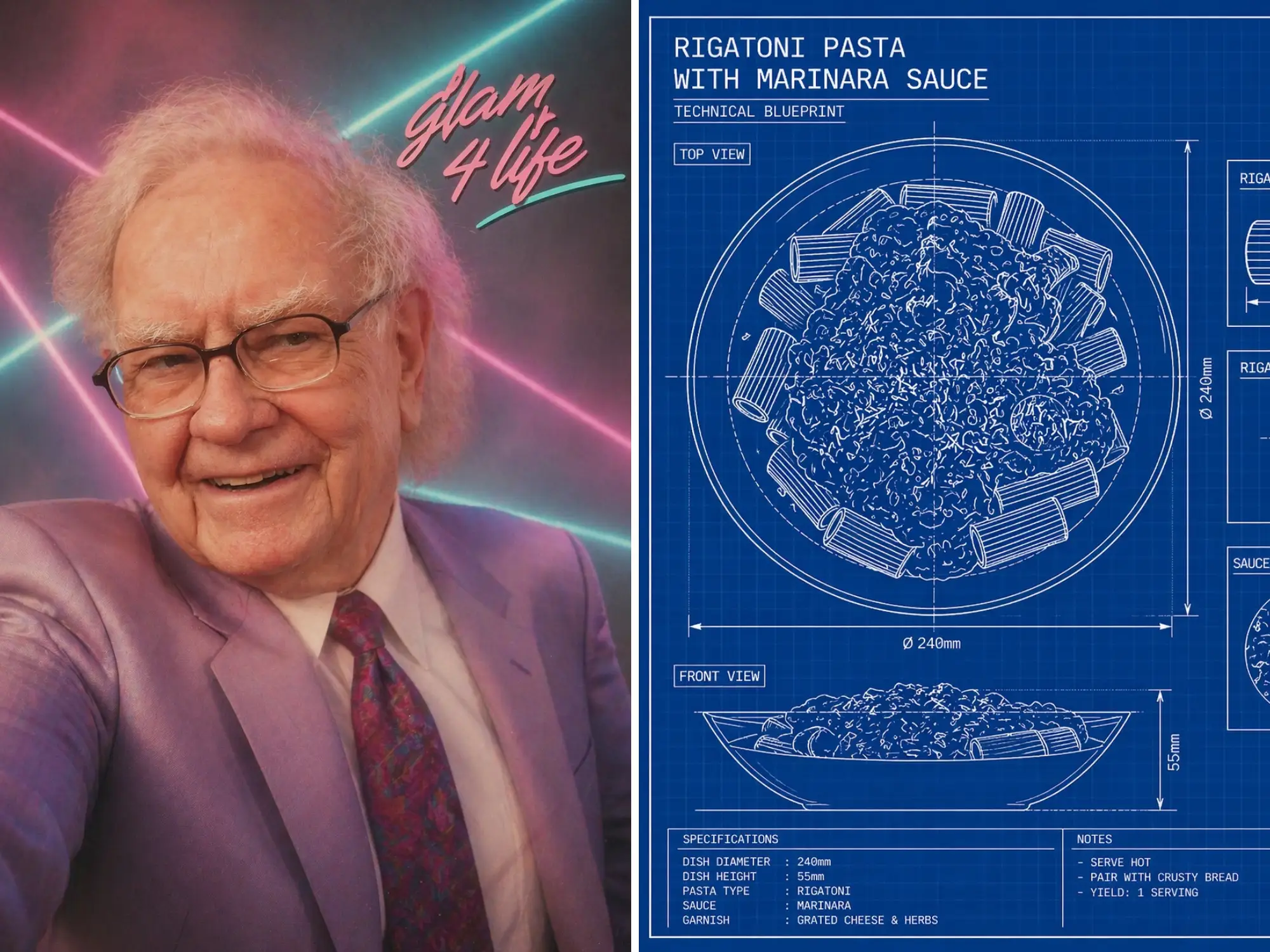 A composite image of Warren Buffett and a blueprint recipe.