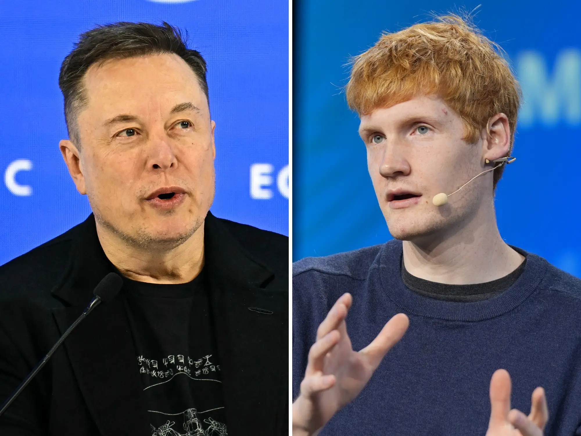 A composite image of Elon Musk speaking in front of a mic and Michael Truell speaking at an event wearing a wireless mic