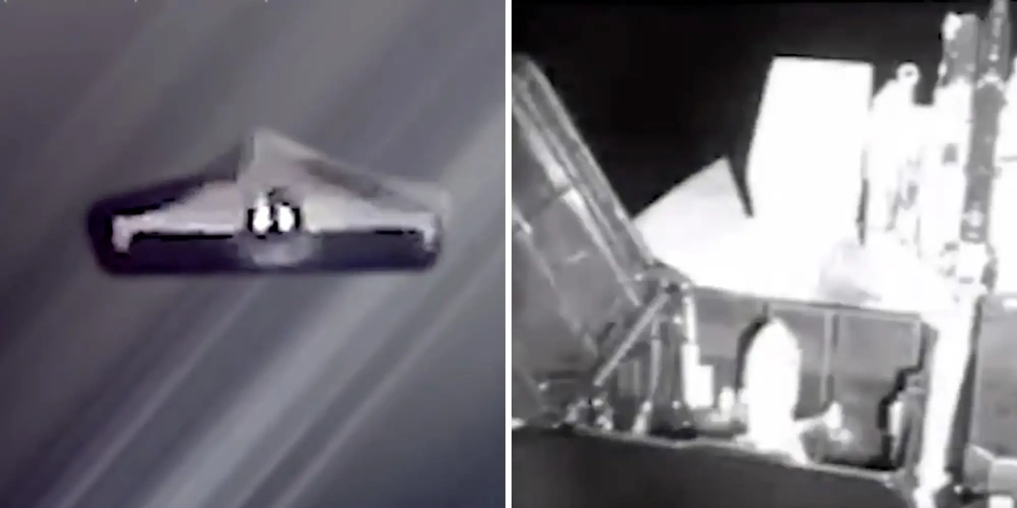 A delta-wing drone is seen from behind. An interceptor drone rises out of a cubby on a sea drone.