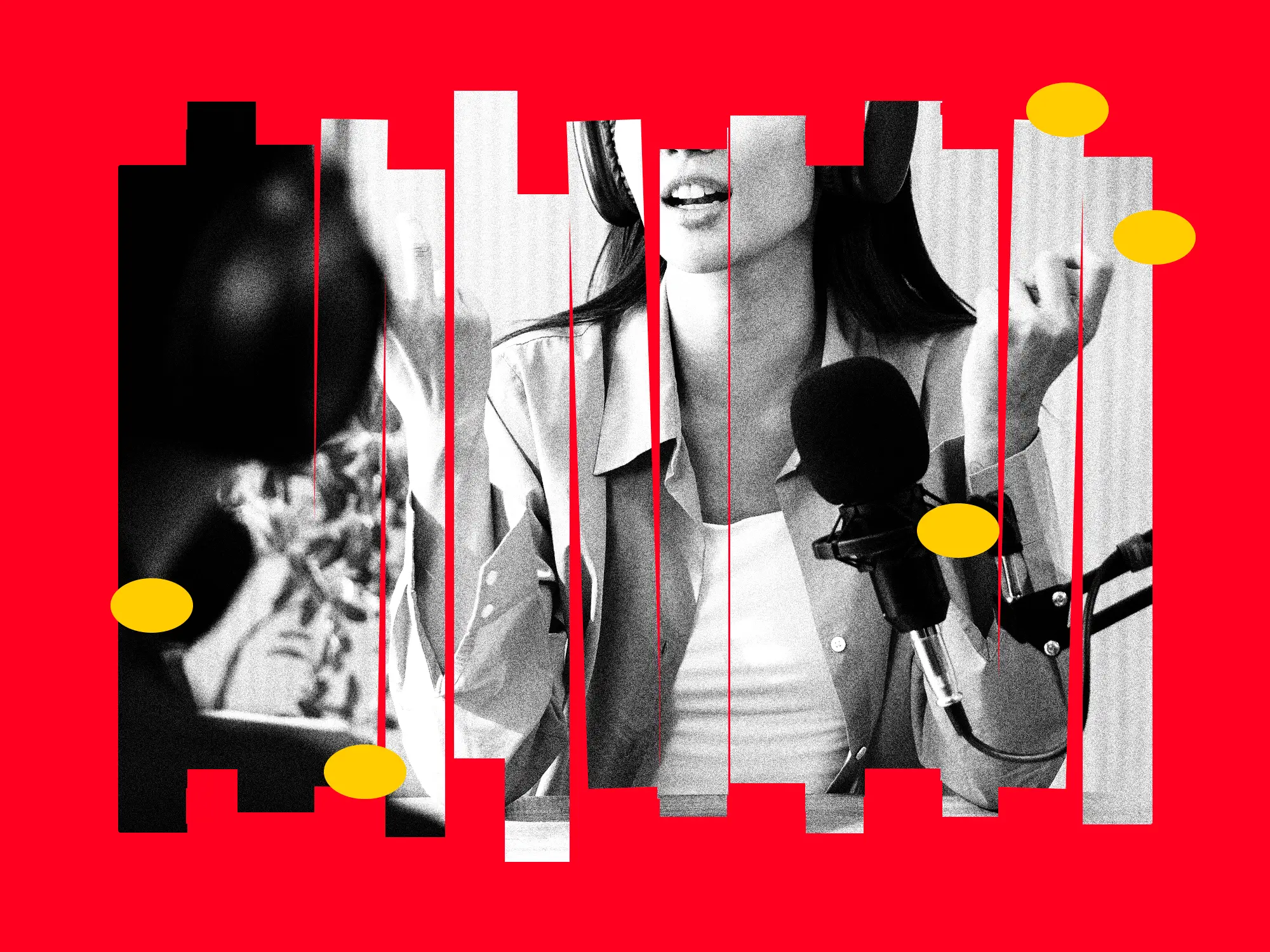 Photo collage of a sliced up image of a podcast