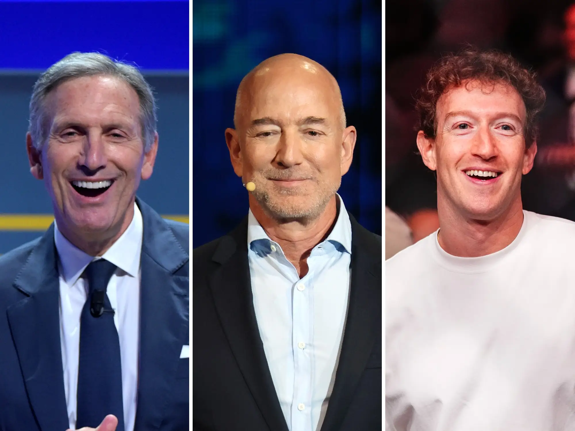 Split image of Howard Schultz, Jeff Bezos, and Mark Zuckerberg