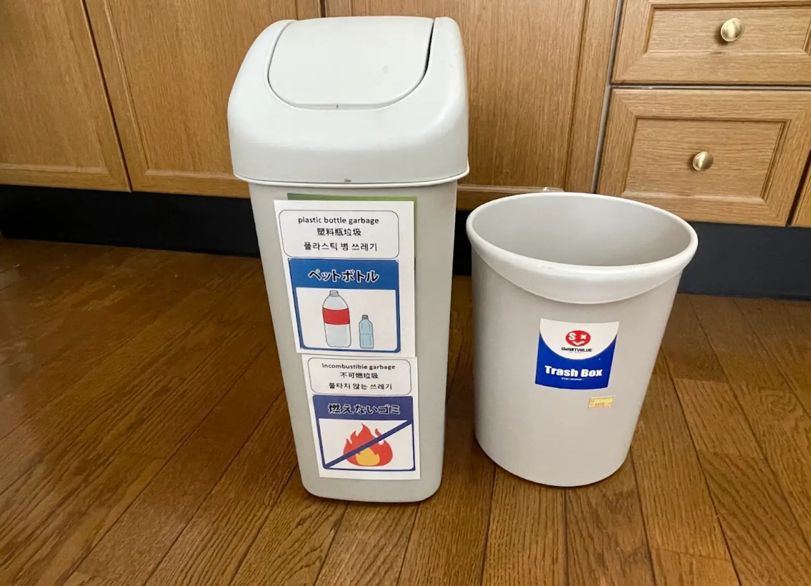 Two trash cans side by side in a home.