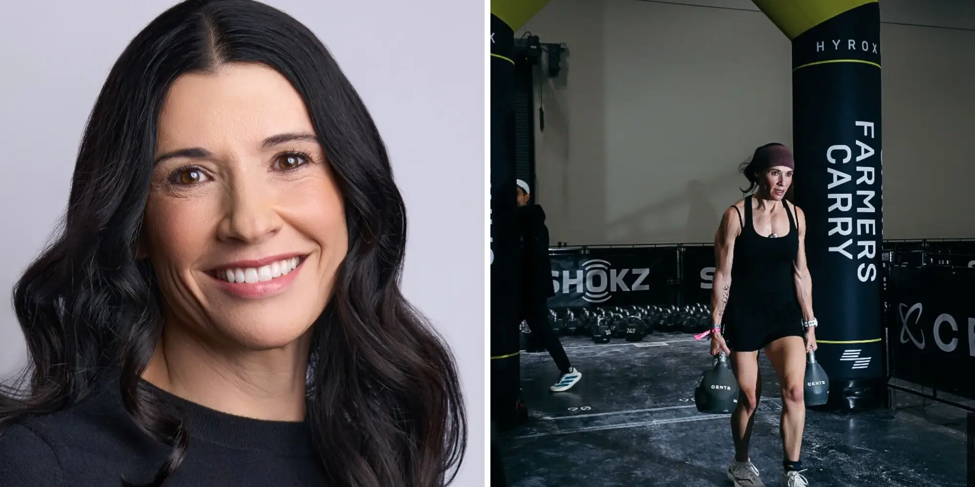 a professional headshot of a CEO next to her action shot of a Hyrox competition farmers carry event with weights
