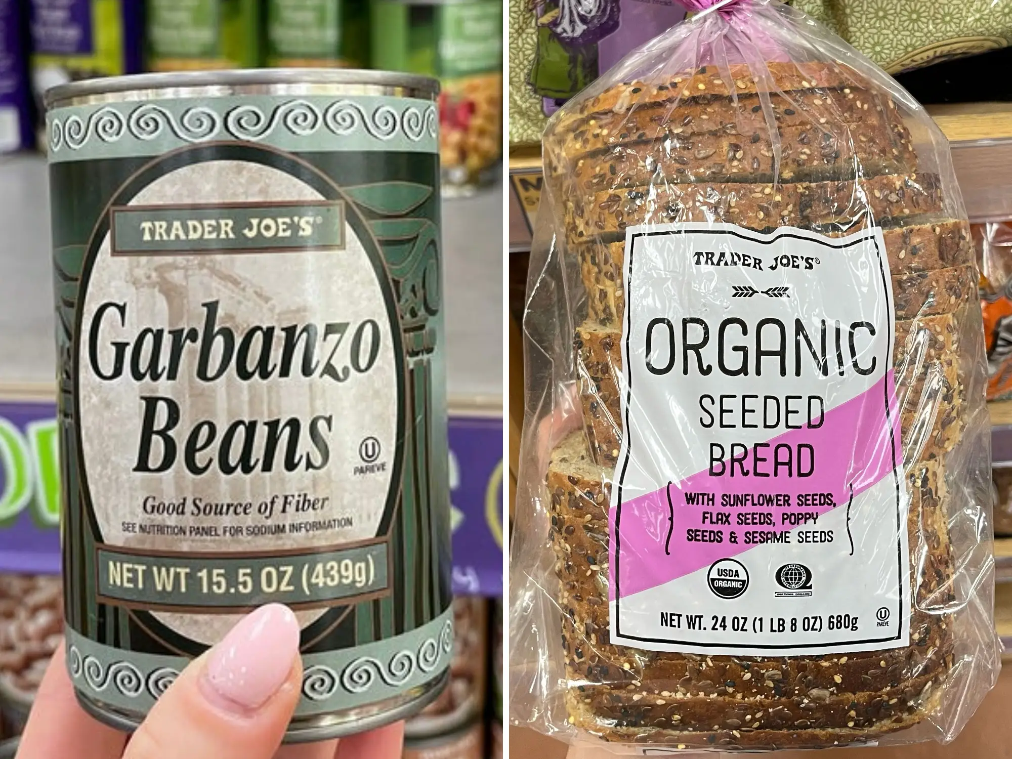A composite image of Serena holding a can of Trader Joe's garbanzo beans and a loaf of organic seeded bread.