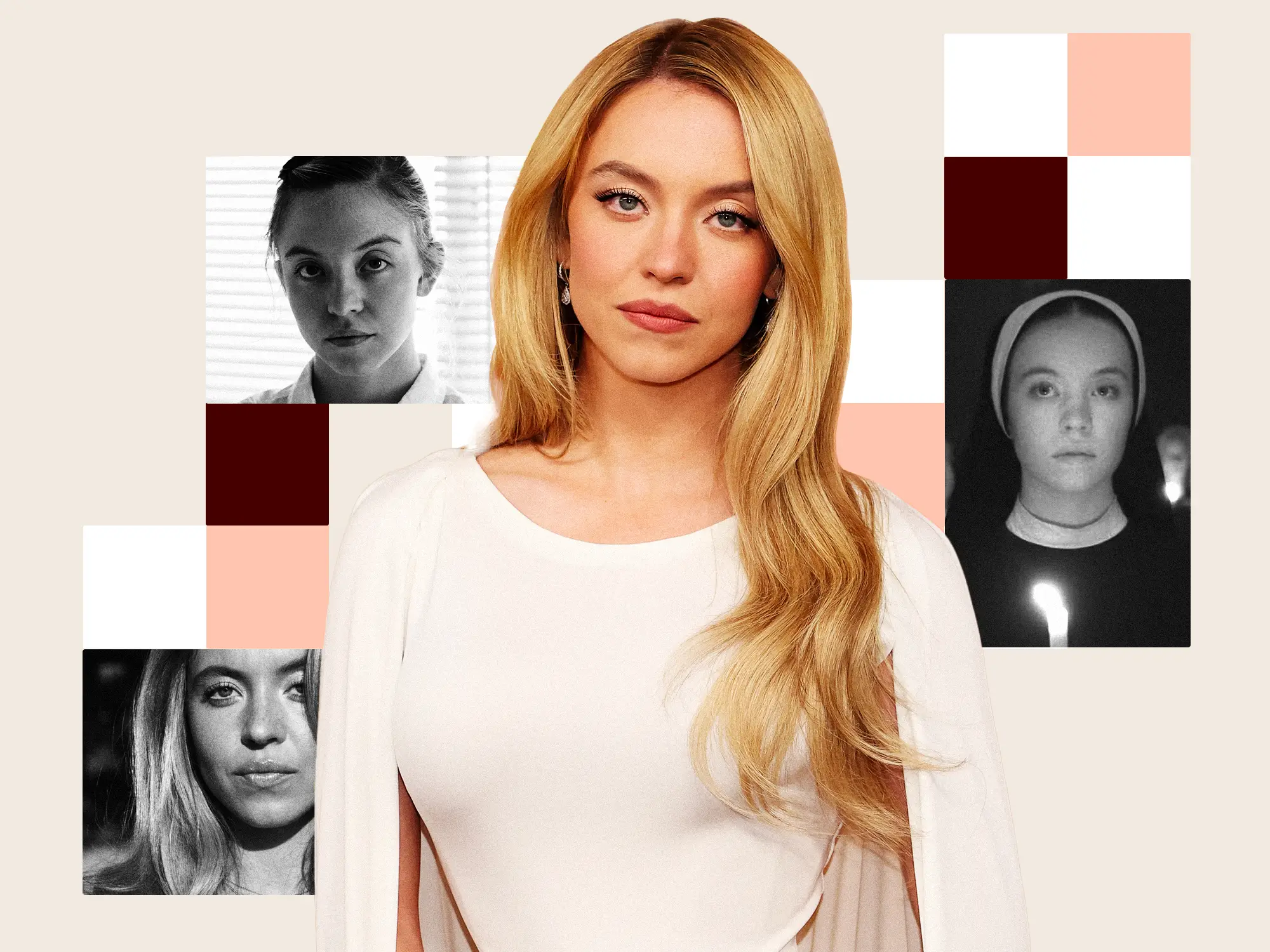 Photo collage of Sydney Sweeney and her past film roles