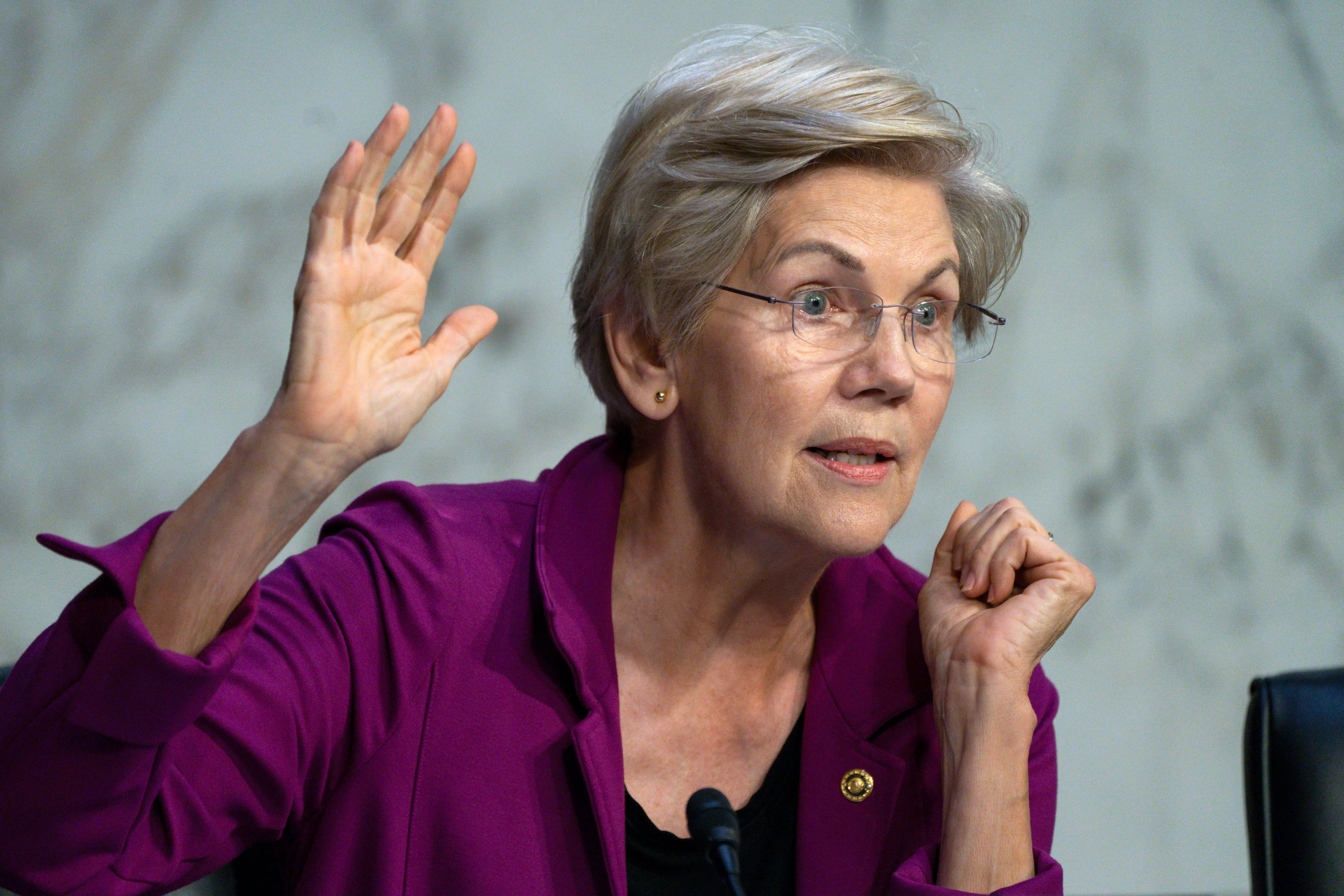 Elizabeth Warren holding her hand up