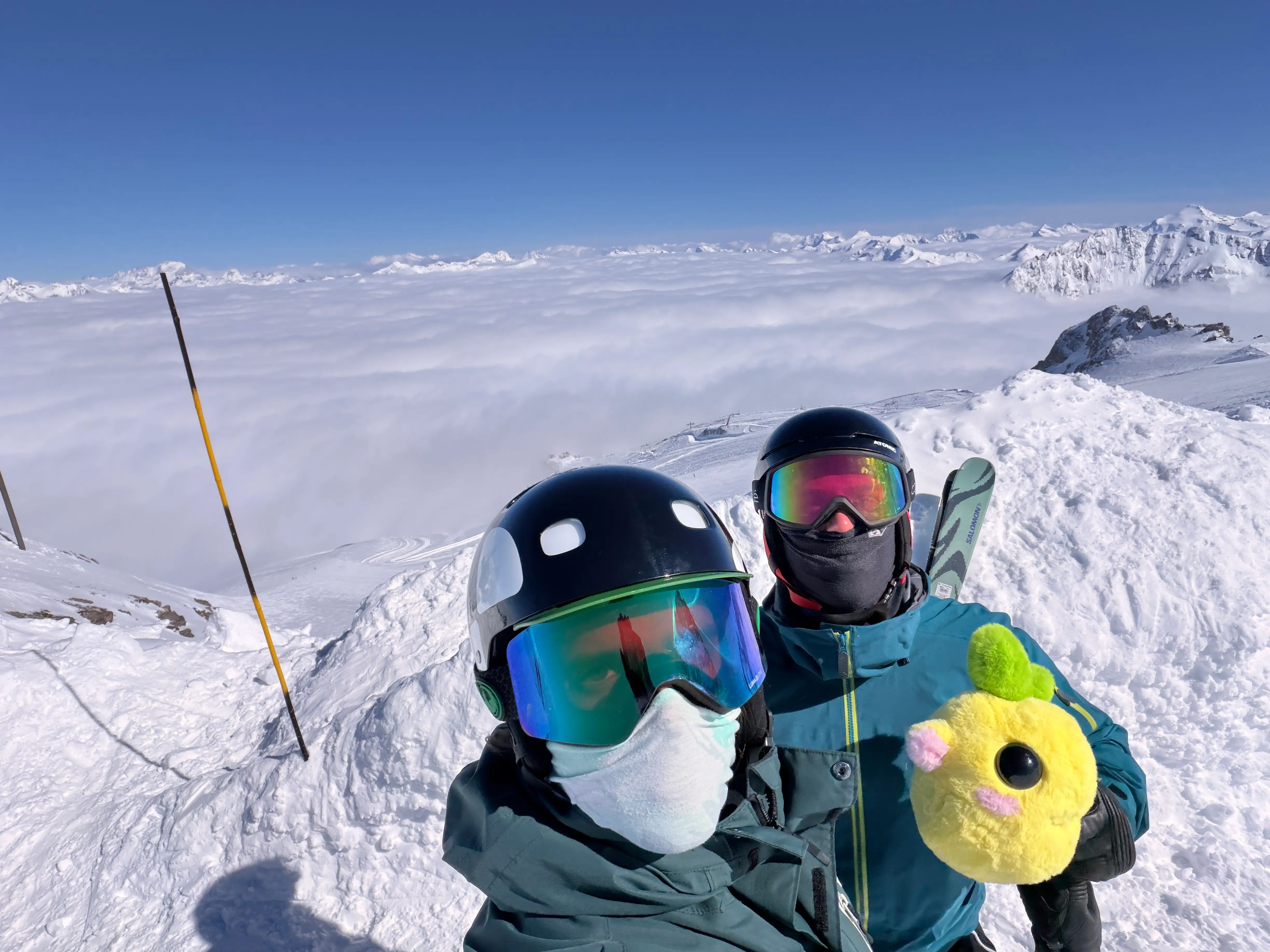 Raoul Sachin and friend hold plush toy Emy on top of the peak of a mountain.