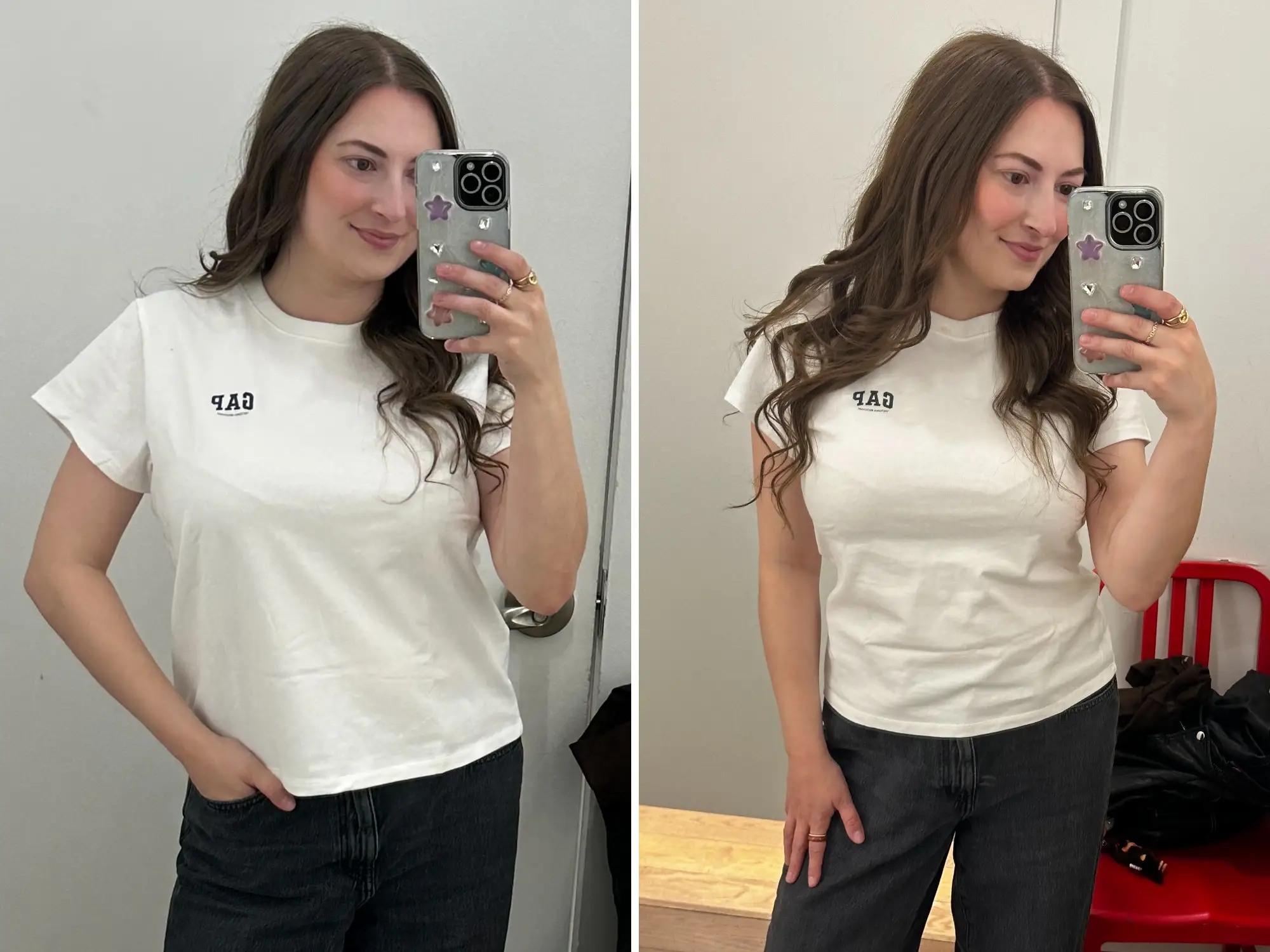Reporter Amanda Krause tries two sizes of a Gap x Victoria Beckham T-shirt.