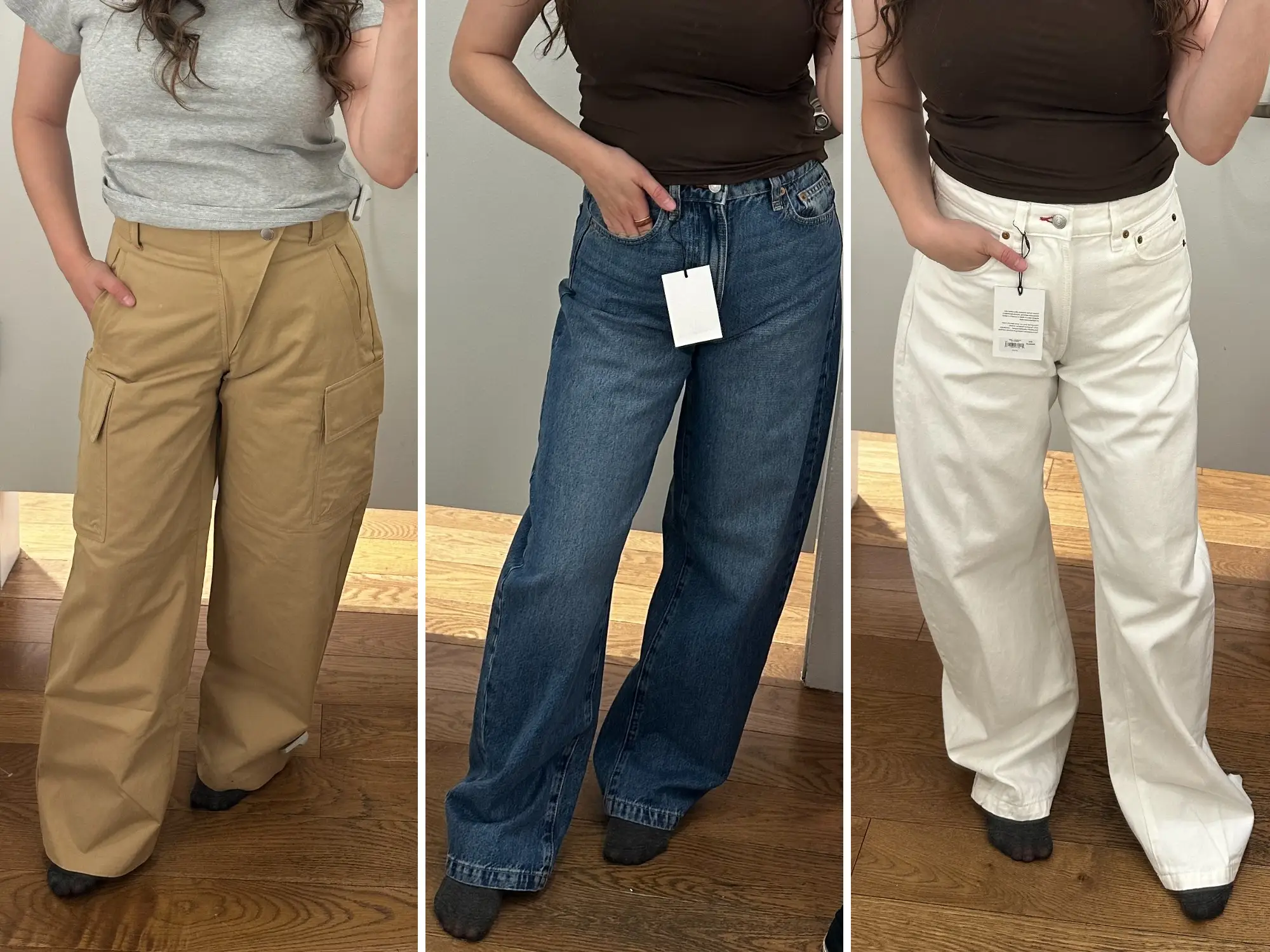 Reporter Amanda Krause tries on pants from the Victoria Beckham x Gap collection.
