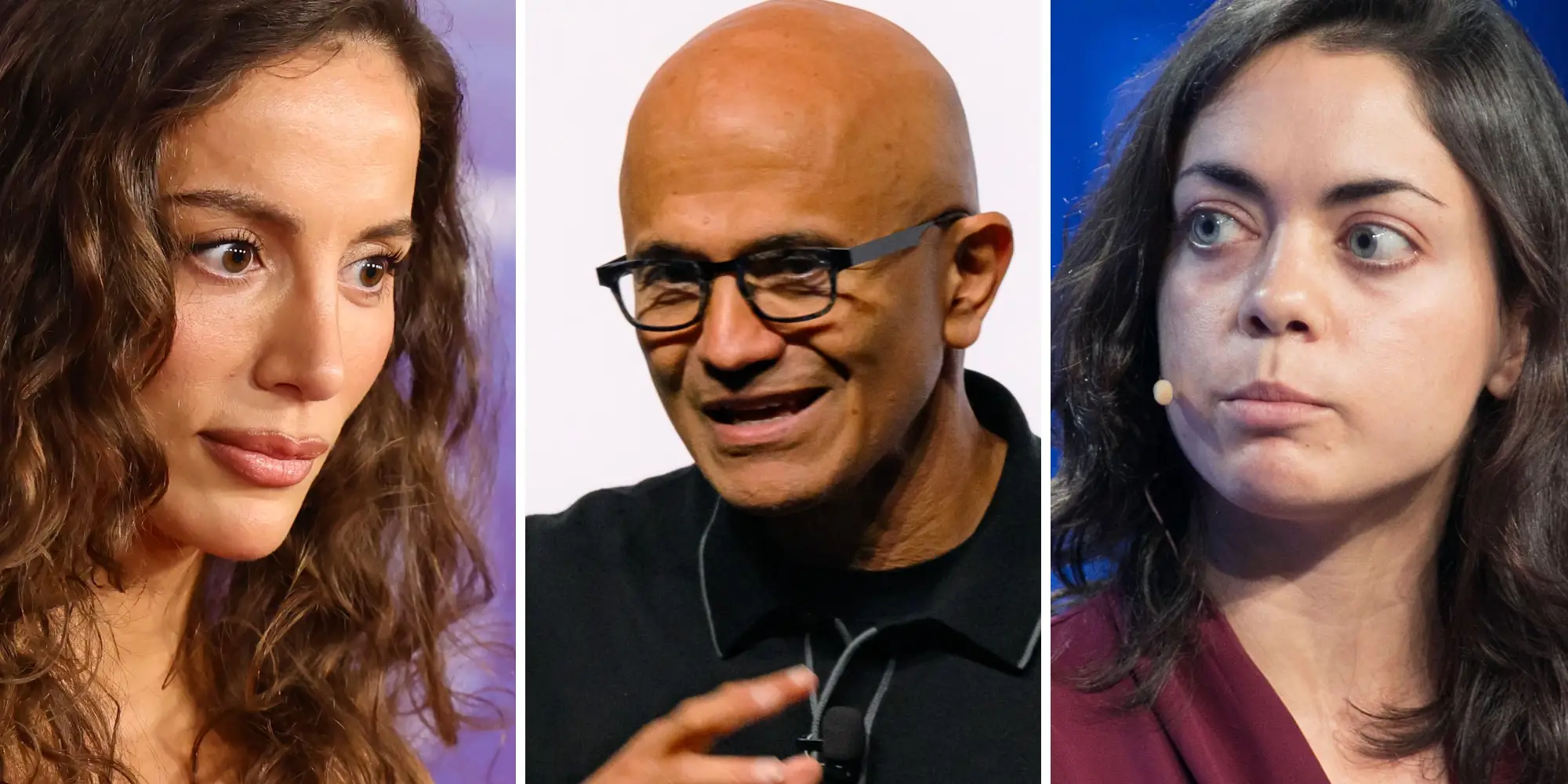 The photo shows side-by-side images of Mira Murati, Satya Nadella, and Shivon Zilis.