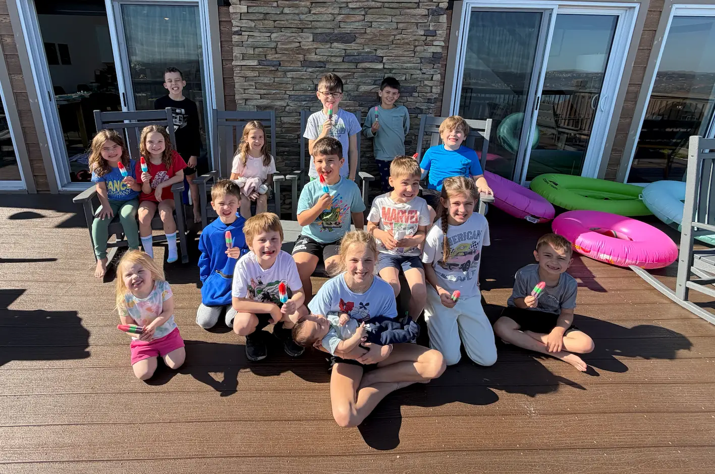 16 kids on a back deck during spring break